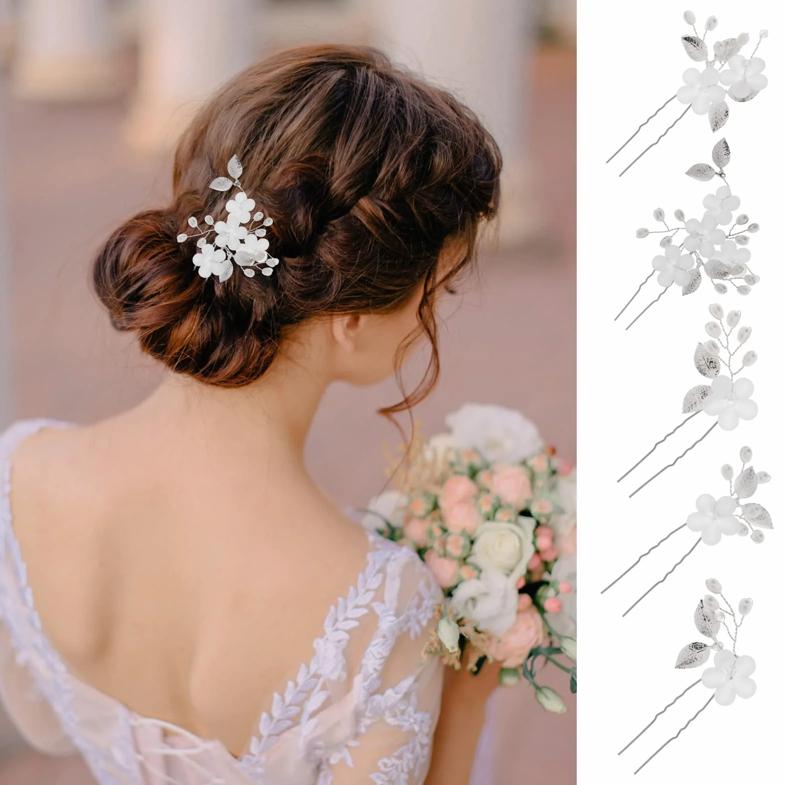 Lusofie 5 horquillas para el pelo con diseño de flores y perlas plateadas para bodas