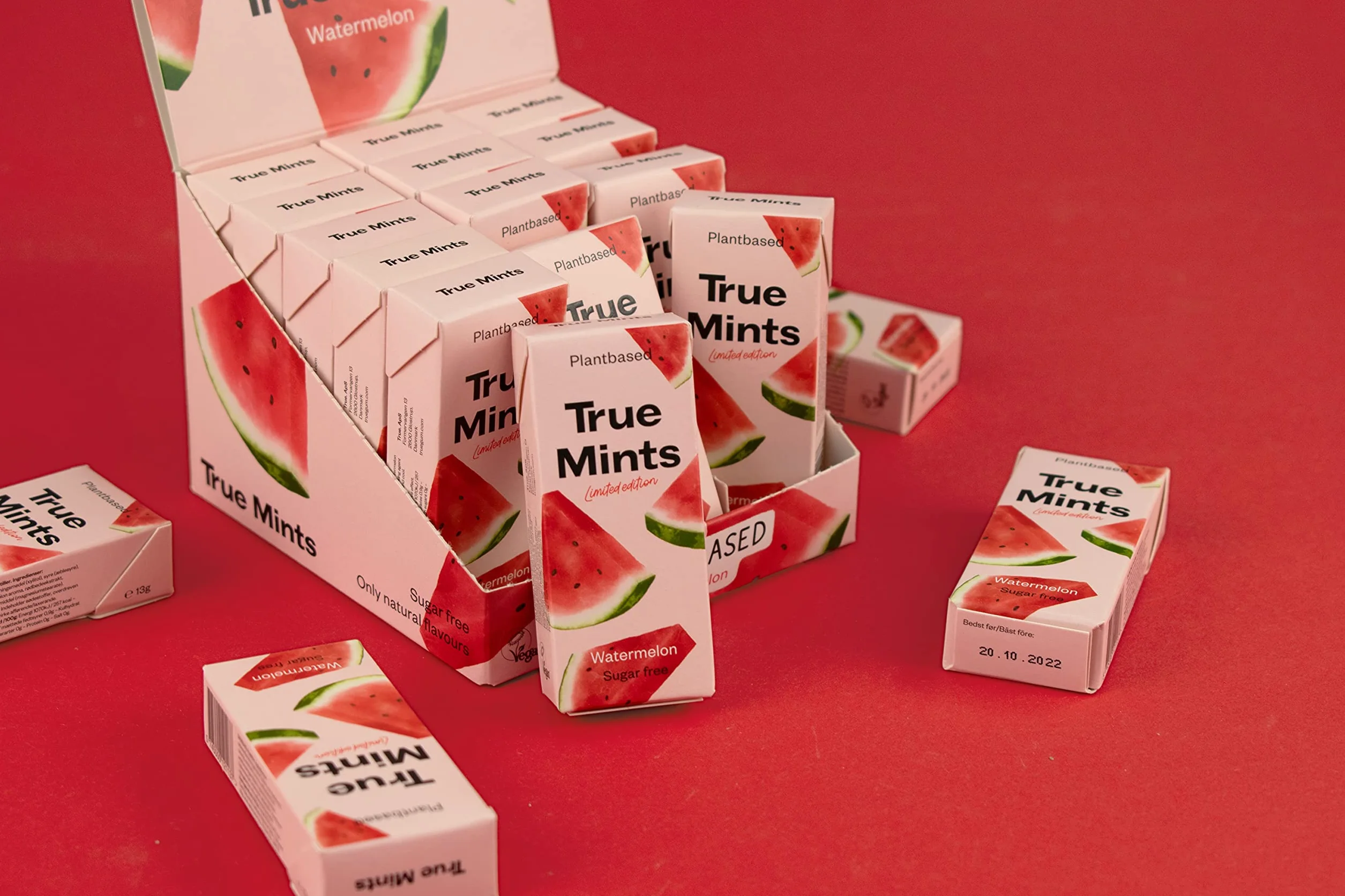 True Mints caramels vegans sabor sandía pack 18 sense plàstics ni sucre aromes naturals