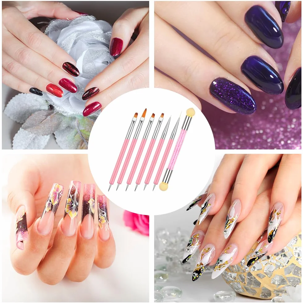 Pinceles para Uñas Double Head 6 Piezas con Cepillo Esponja, Herramienta de Manicura para Pintura y Dibujo Fino, Negro