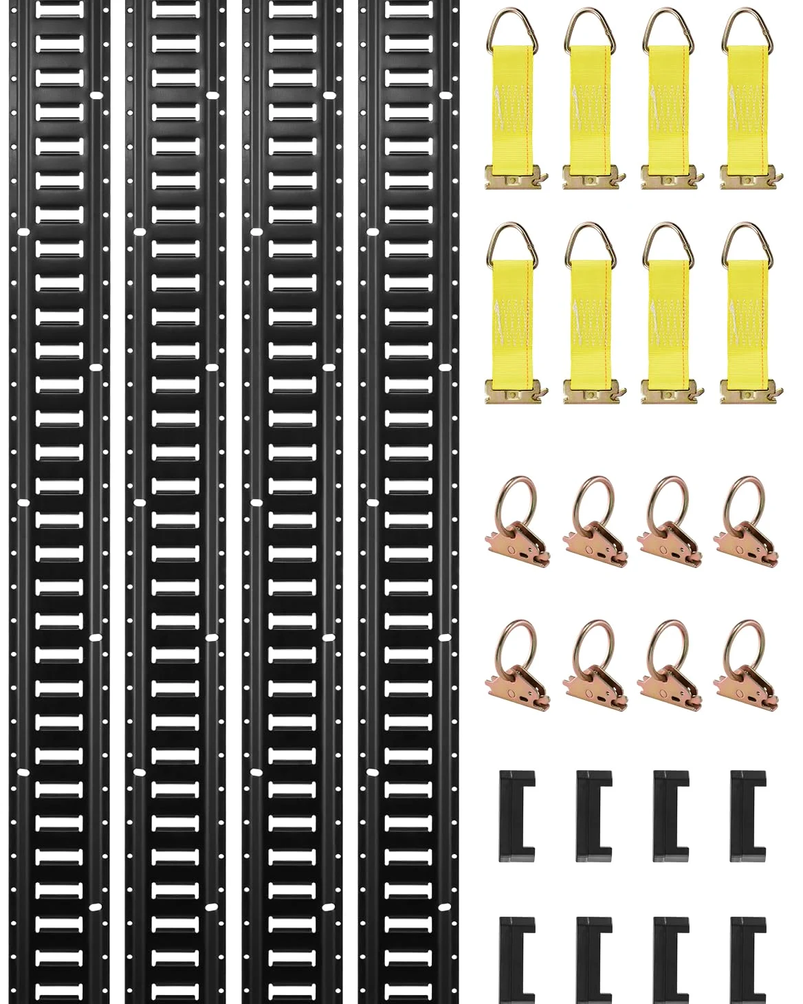 VEVOR Kit de riel de Amarre E Track, 30 Piezas de 5 pies E-Tracks Incluye 4 rieles de Acero y 2 Ranuras Individuales y 8 Juntas tóricas y 8 amarres con Anillo en D y 8 Tapas Finales