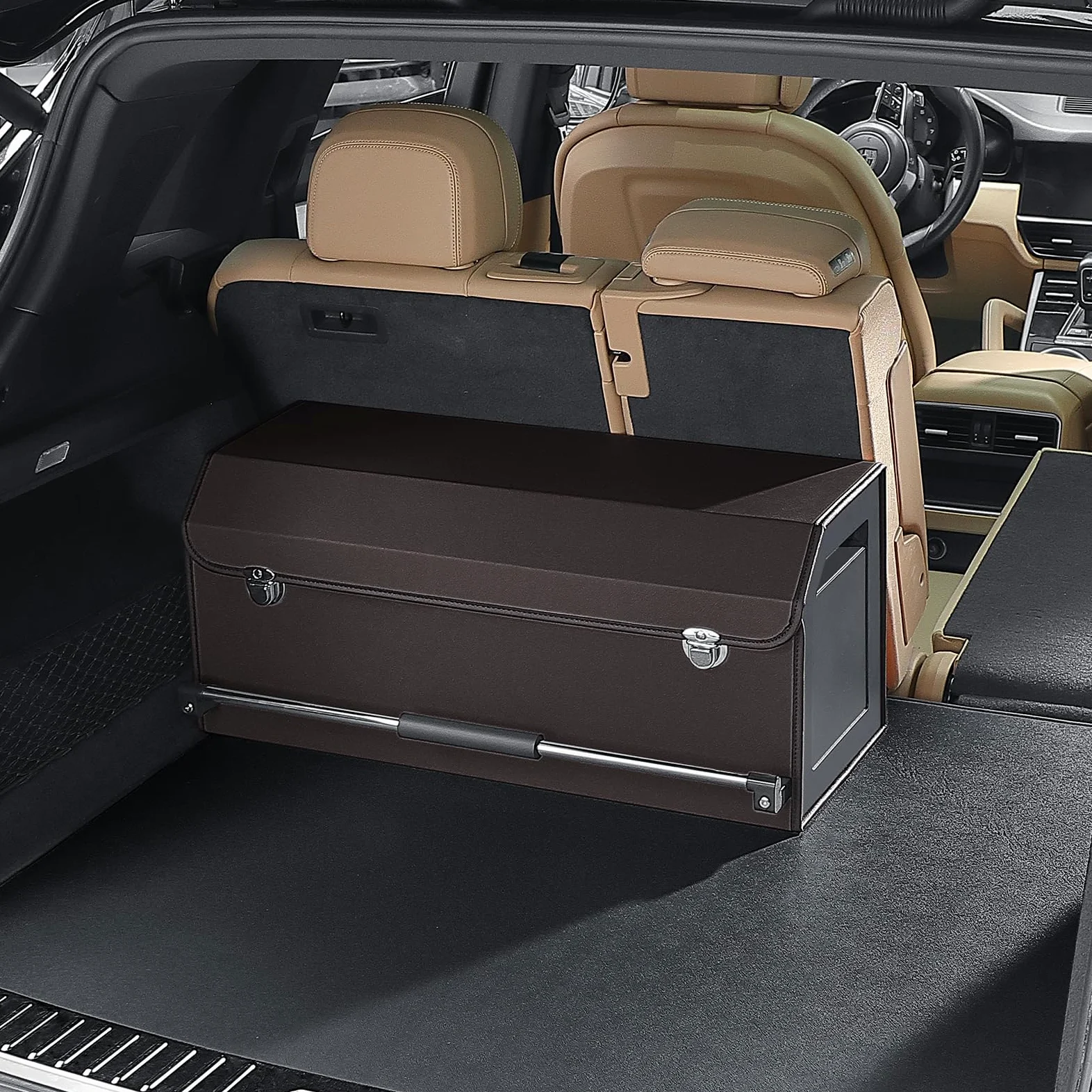 Organizador plegable de cuero para maletero de coche con tapa y asa resistente para SUV, camión, sedán, almacenamiento de coche (marrón, 69 x 29 x 31 cm)