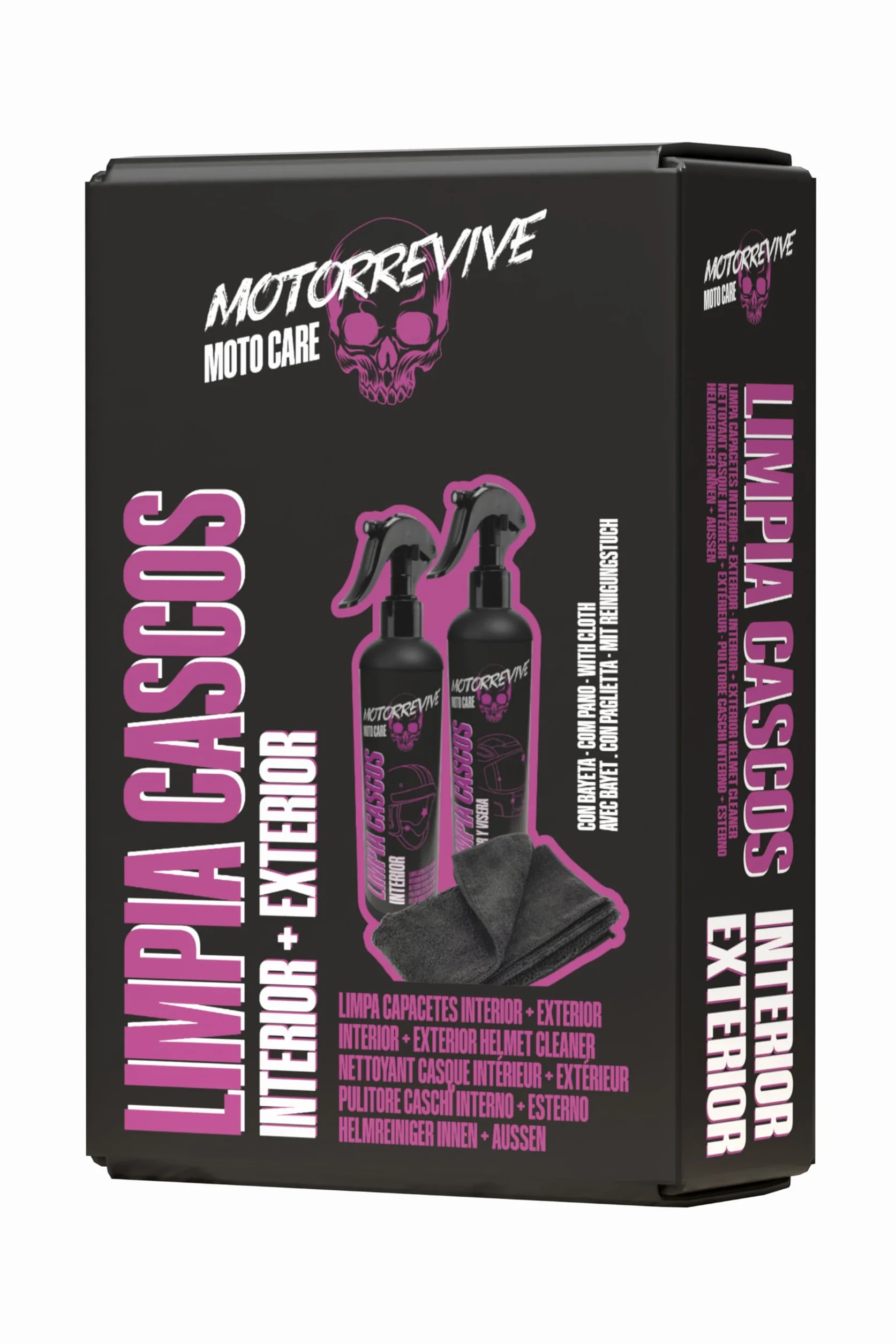 Pack Limpieza de Cascos de Moto 200 + 200 ml. Spray limpiador Interior + Exterior y Visera + Bayeta de Microfibra. Higiene Completa y Cuidado Profesional para Casco de Motocicleta