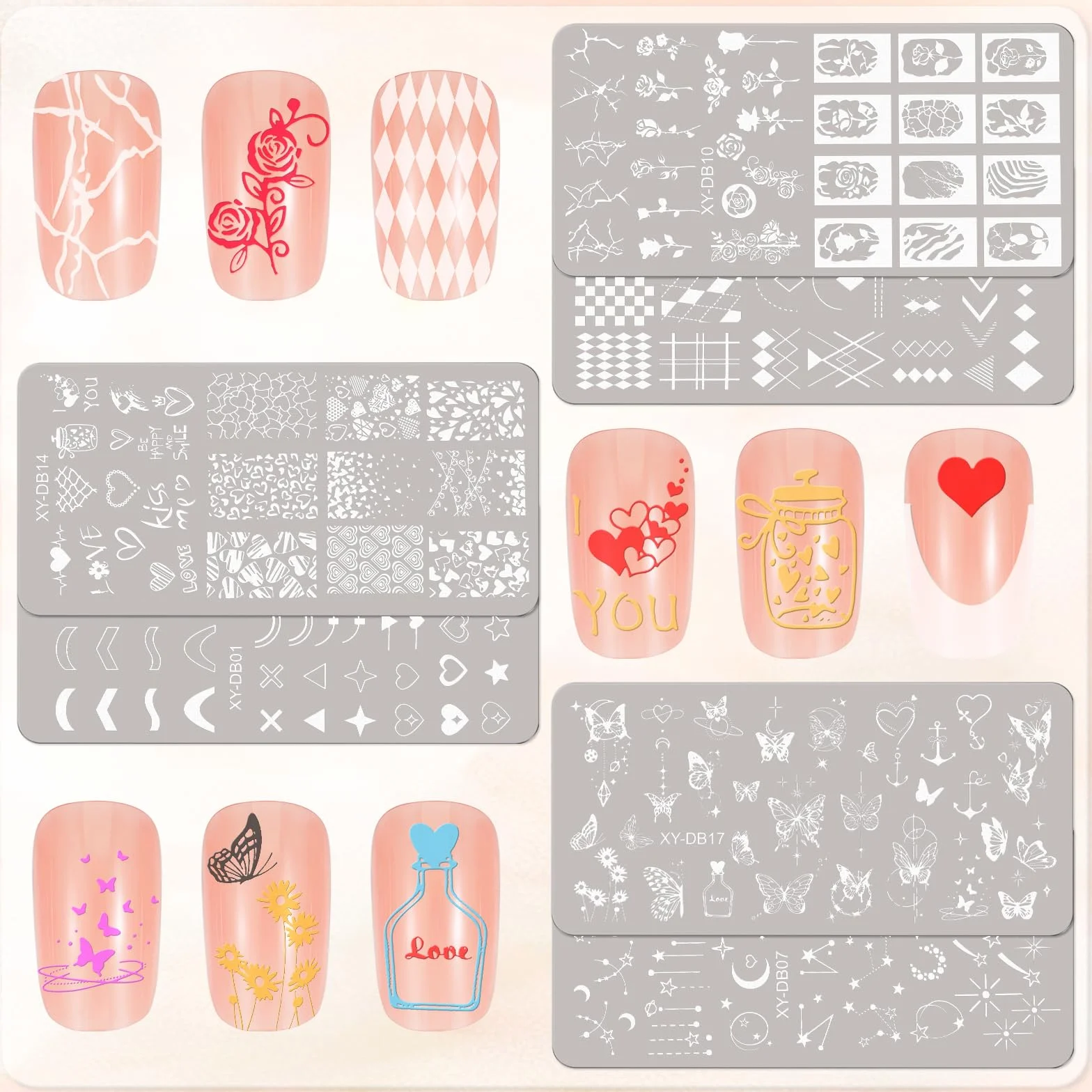 MWOOT 6 Piezas Estampador de Uñas, Placas de Estampación, Kit Manicura Francesa con Motivos Geométricos Flor Corazón