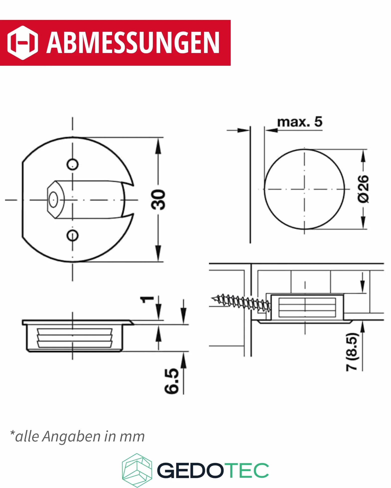 Gedotec Conector de cuerpo para caravanas, conector para atornillar y prensar para conexiones de muebles ligeras, diámetro de 26 mm, plástico blanco, juego de 25 unidades
