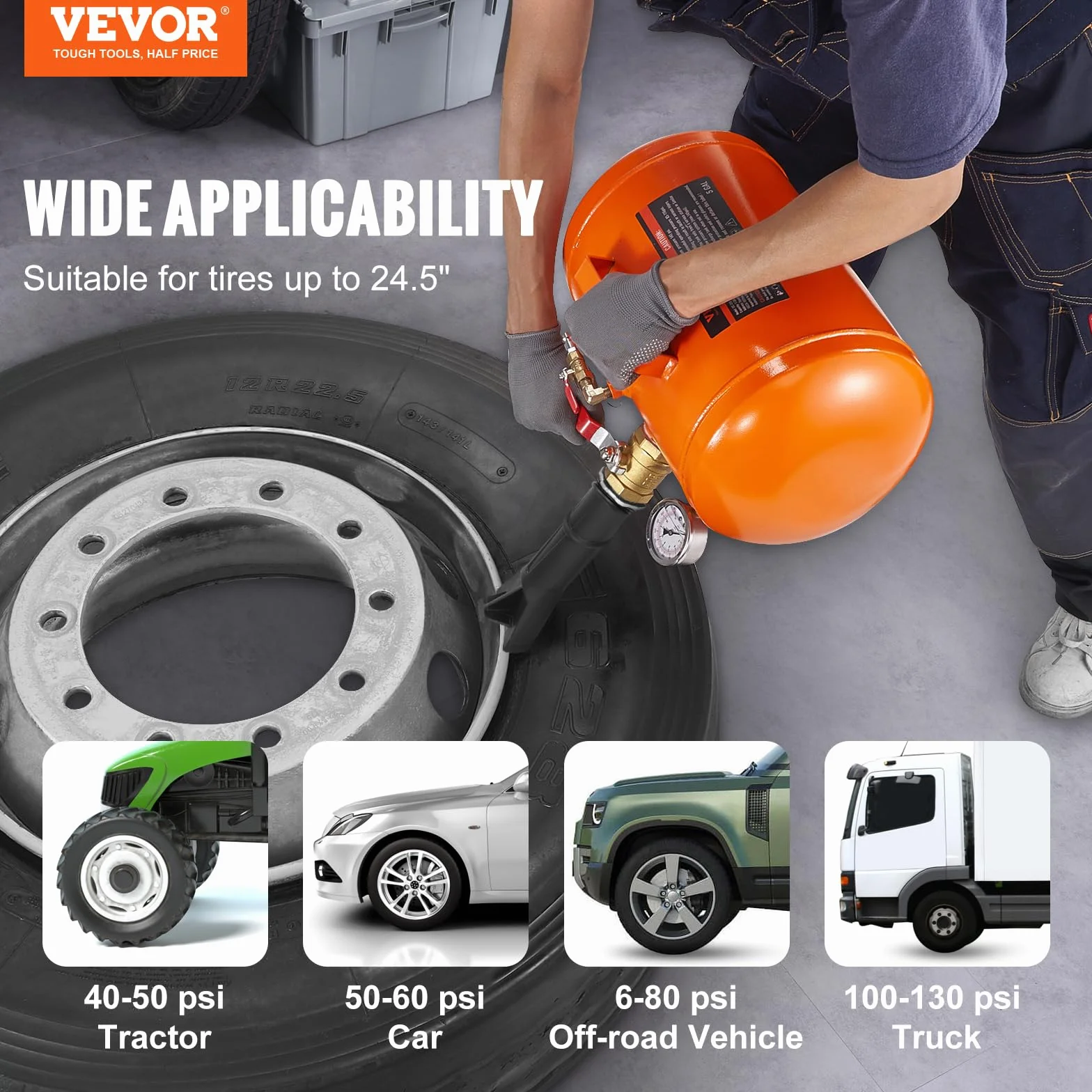 VEVOR Inflador de talones de neumáticos Inflador de neumáticos Rompetalones 19L 400x535x295mm Colocador de talones de neumáticos 85-116psi Inflador de impactos de neumáticos para automóviles