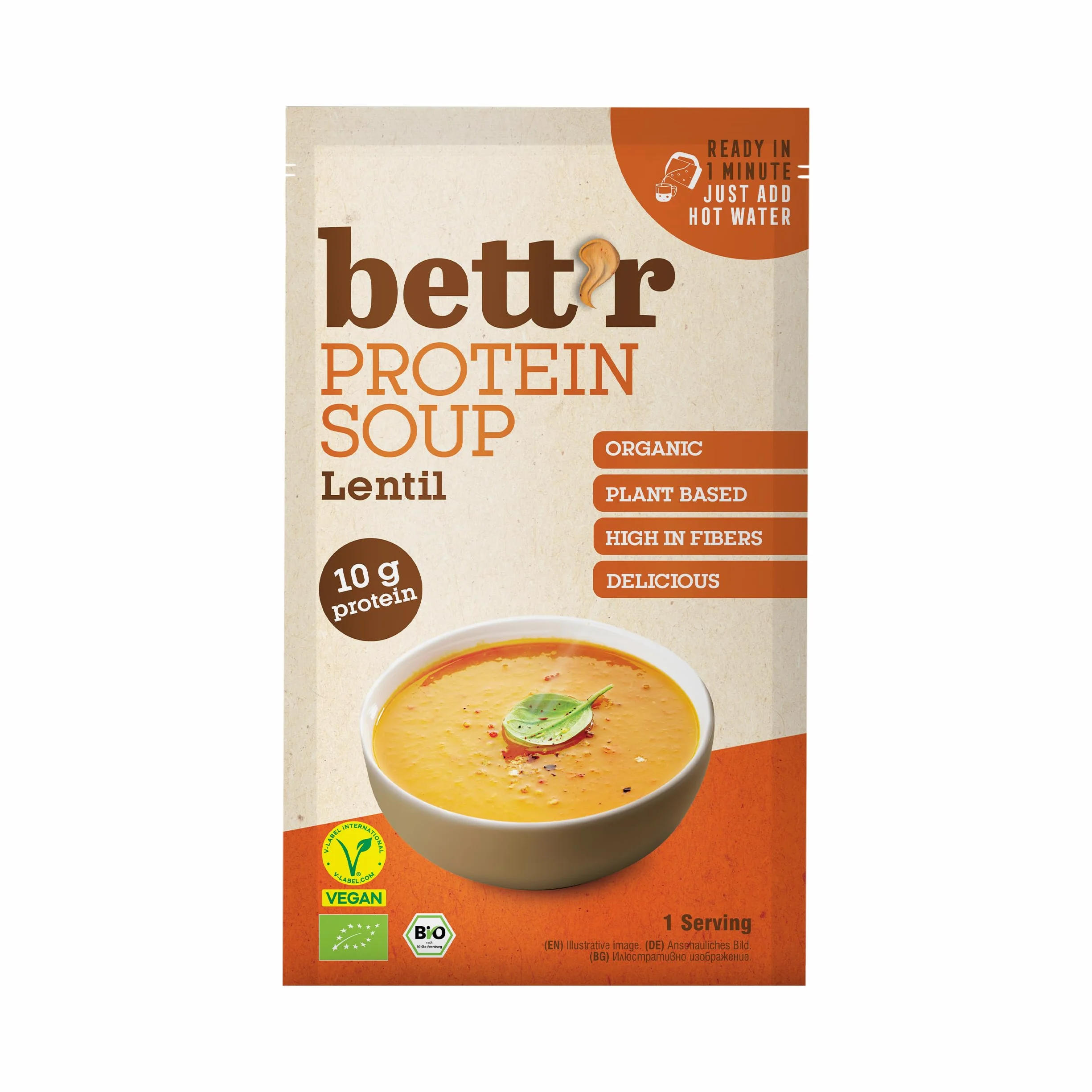 Bett’r BIO Sopa de Proteína con Lentejas Rojas 100% Orgánica Vegana sin Gluten 16 x 30 g