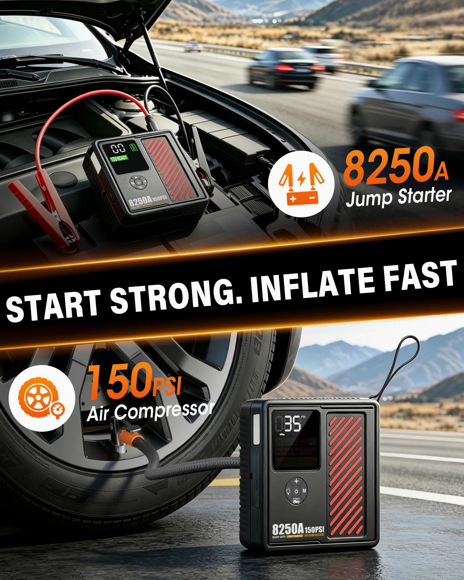 Arrancador portátil de coche de 8250 amperios con compresor de aire, inflador de neumáticos seguro de 150 PSI, inflado rápido de 40 l/min con apagado automático de 12 V, 760 CCA, arrancador de batería