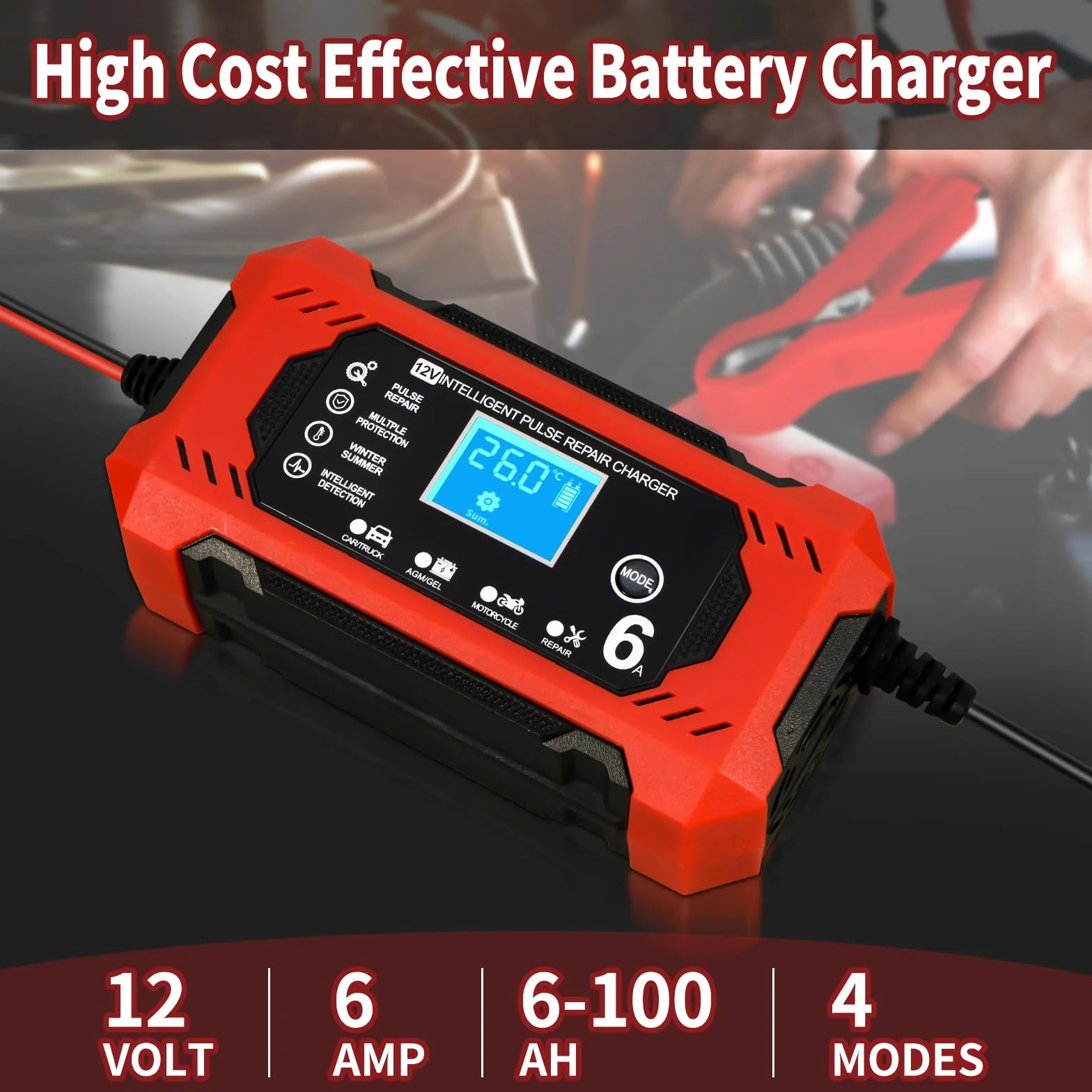 Cargador de Baterias Coche y Moto, Cargador Bateria Moto 12v 6A Inteligente