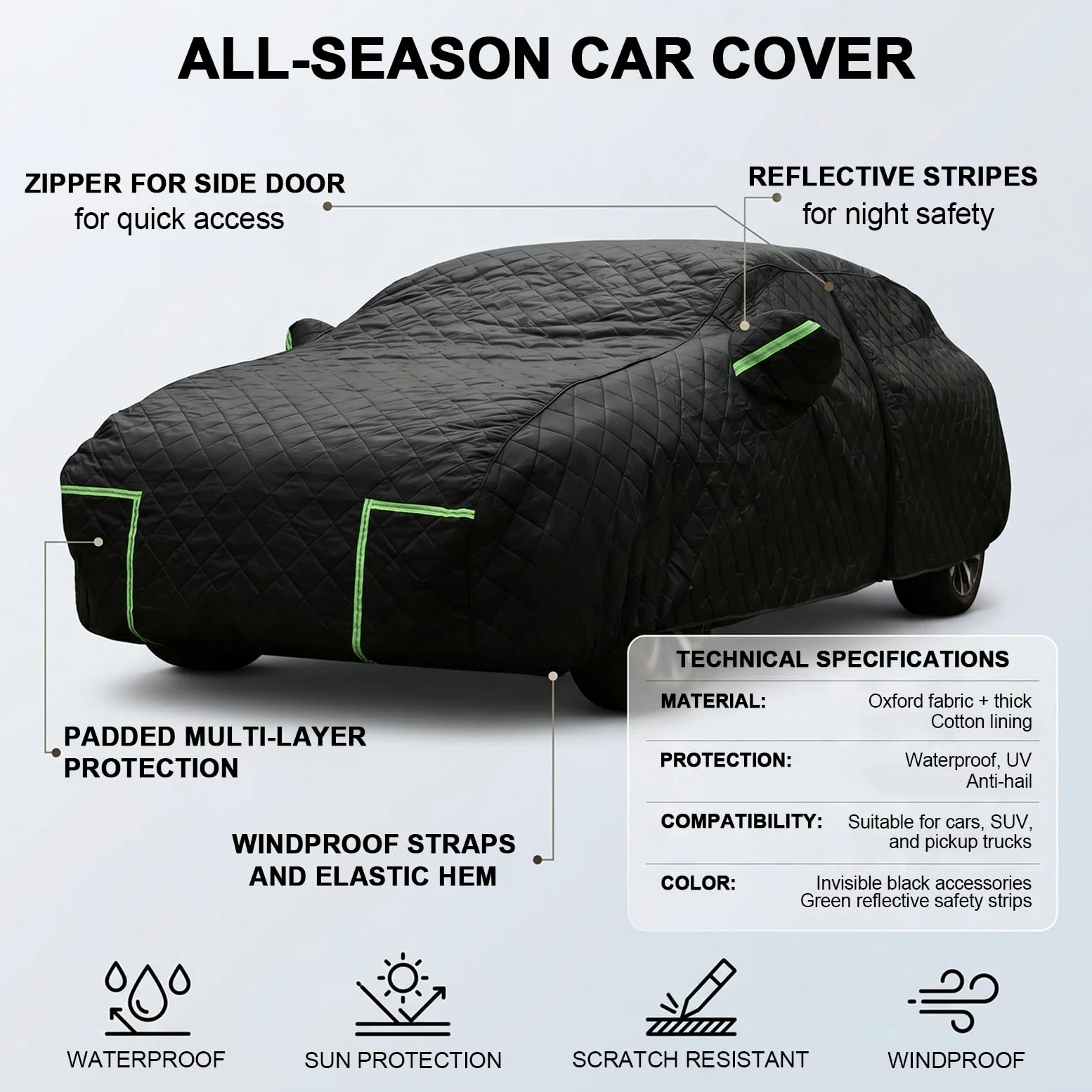 Funda Coche Antigranizo para Peugeot e-5008 (2024-2026) Espesado de 7 Capas, Forro Suave, Transpirable, Antiviento, Impermeable, Tejido Oxford, Anti-UV, 4 Estaciones