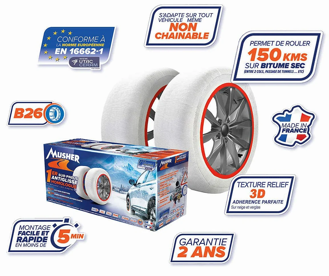 Cadenas de nieve calcetines textiles PREMIUM MUSHER Made in France (el par) (Talla 10)