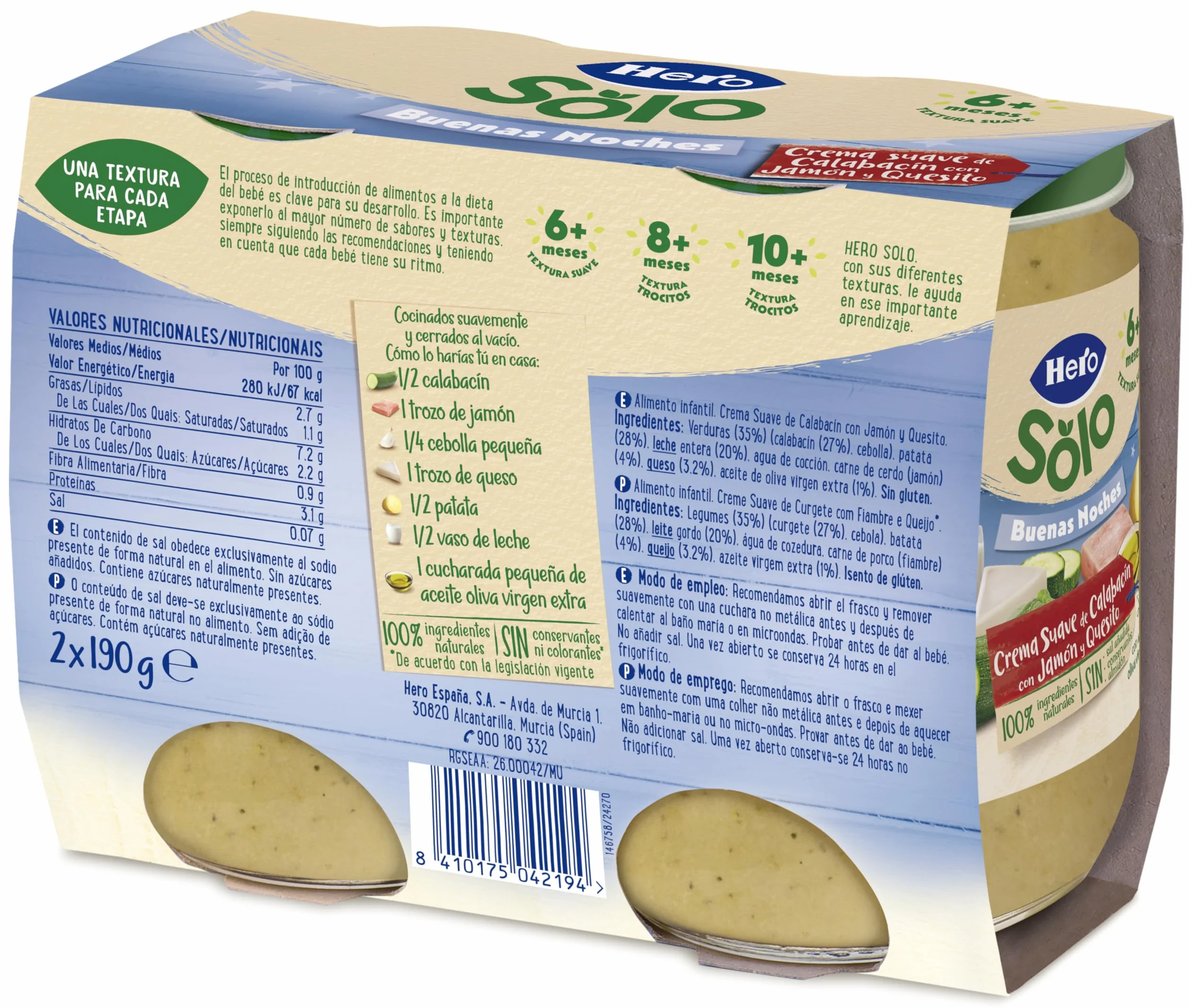 Hero Baby Buenas Noches Tarritos de Crema de Calabacín, Jamón y Quesito, 2 x 190g