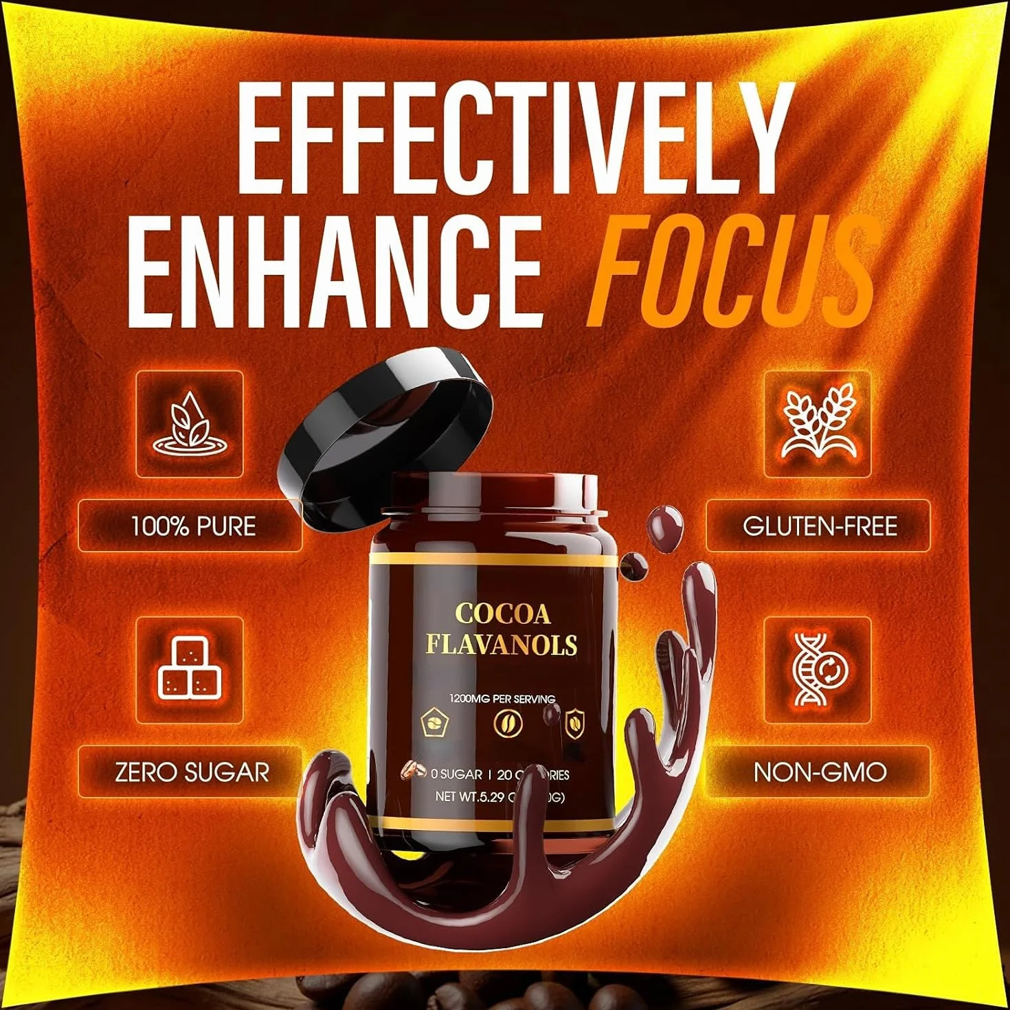Cacao en Polvo con Alto Contenido de Flavanoles, 1200 mg, Aumenta la Energía Diaria, 2 Piezas