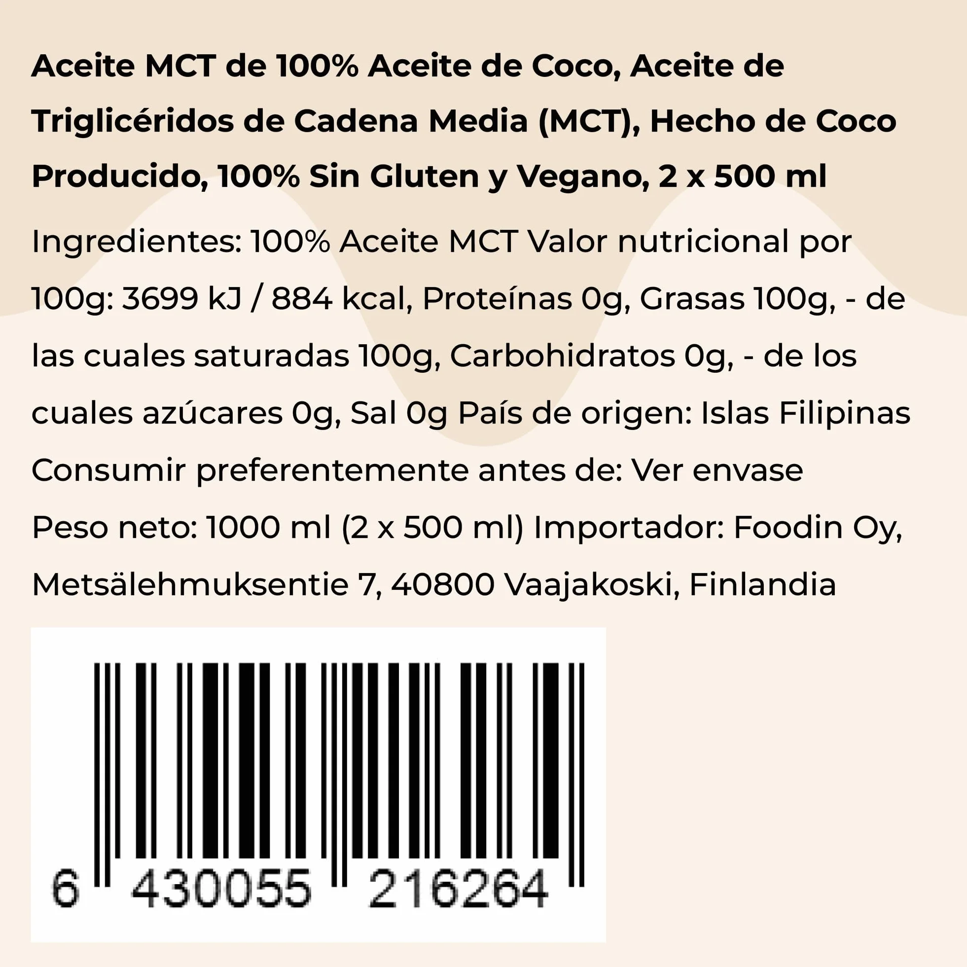 FOODIN Aceite MCT 1000 ml (2 x 500 ml) 100% aceite de coco, triglicéridos de cadena múltiple, vegano, sin gluten, para cetogénica