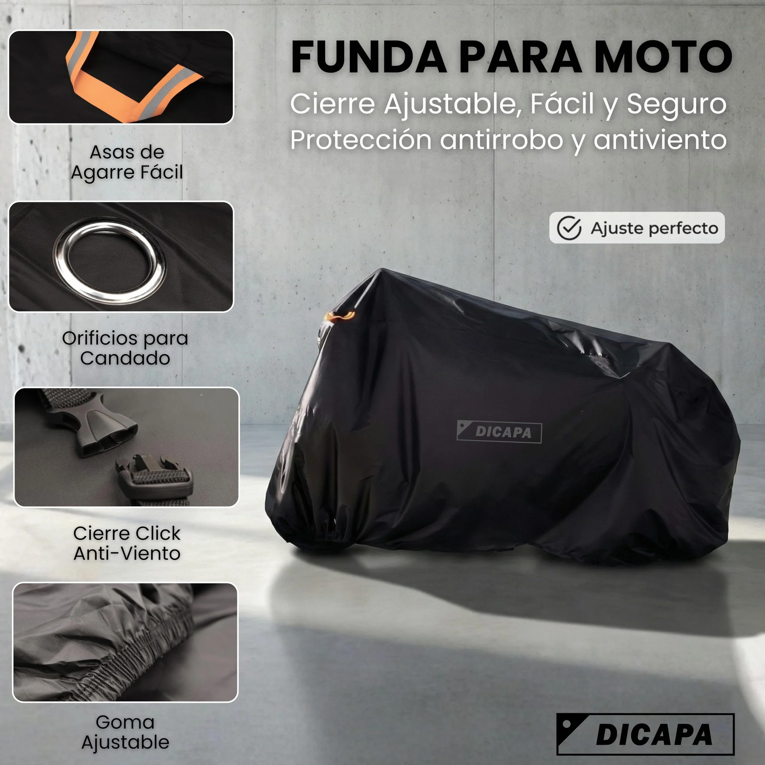 DICAPA Funda Moto Impermeable 245x105x125cm (XXL) Resistente al Agua, Viento, Nieve y Rayos UV. Funda para Moto con Sistema Antirrobo y Cierre Elástico