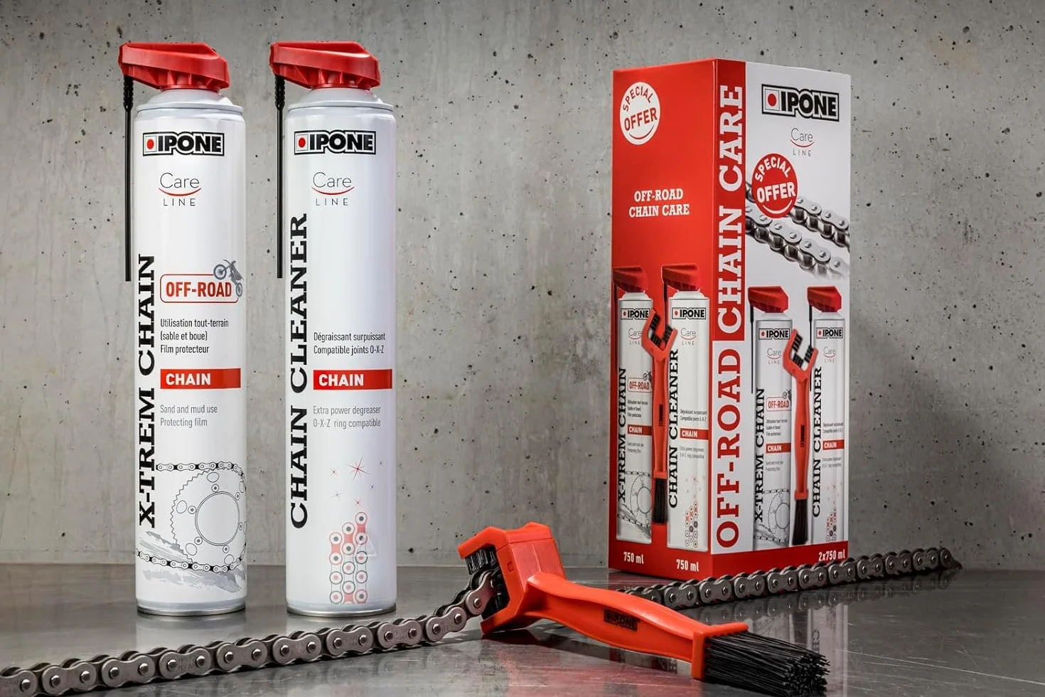 IPONE - Pack Mantenimiento Cadena Motocicleta Todoterreno - Todo-Road Chain Care - CHAIN CLEANER 750 ML + X-TREM CHAIN OFF-ROAD 750 ML + Cepillo de Cadena