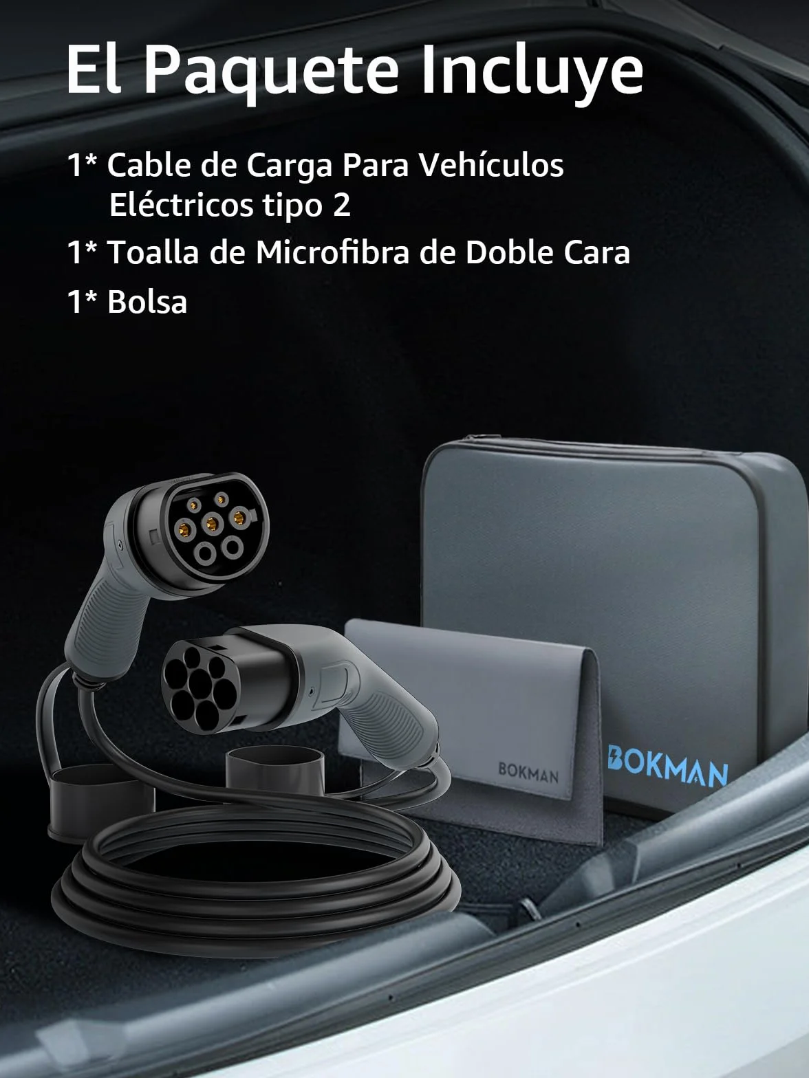 bokman EV Cable de Carga Tipo 2, Modo 3 / 32A / 22kW / Trifásico / 5 Metros, Cable de Carga Rápida Híbrido Enchufable para Vehículo Eléctrico Tipo 2 a Tipo 2