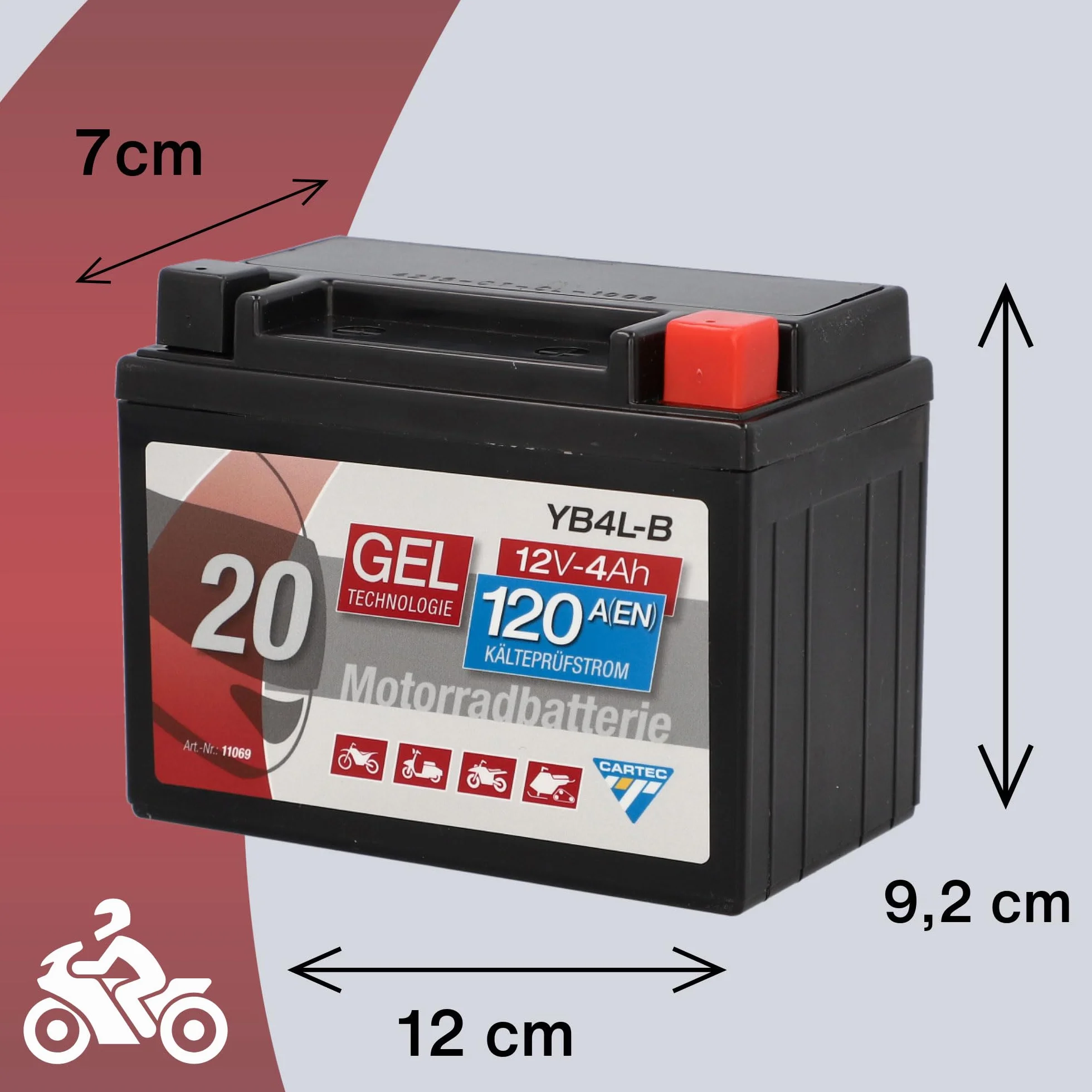 Batería de motocicleta Cartec YB4L-B 4Ah 56A Batería de tecnología de gel Calidad OEM Almacenamiento a prueba de ciclos Sin mantenimiento