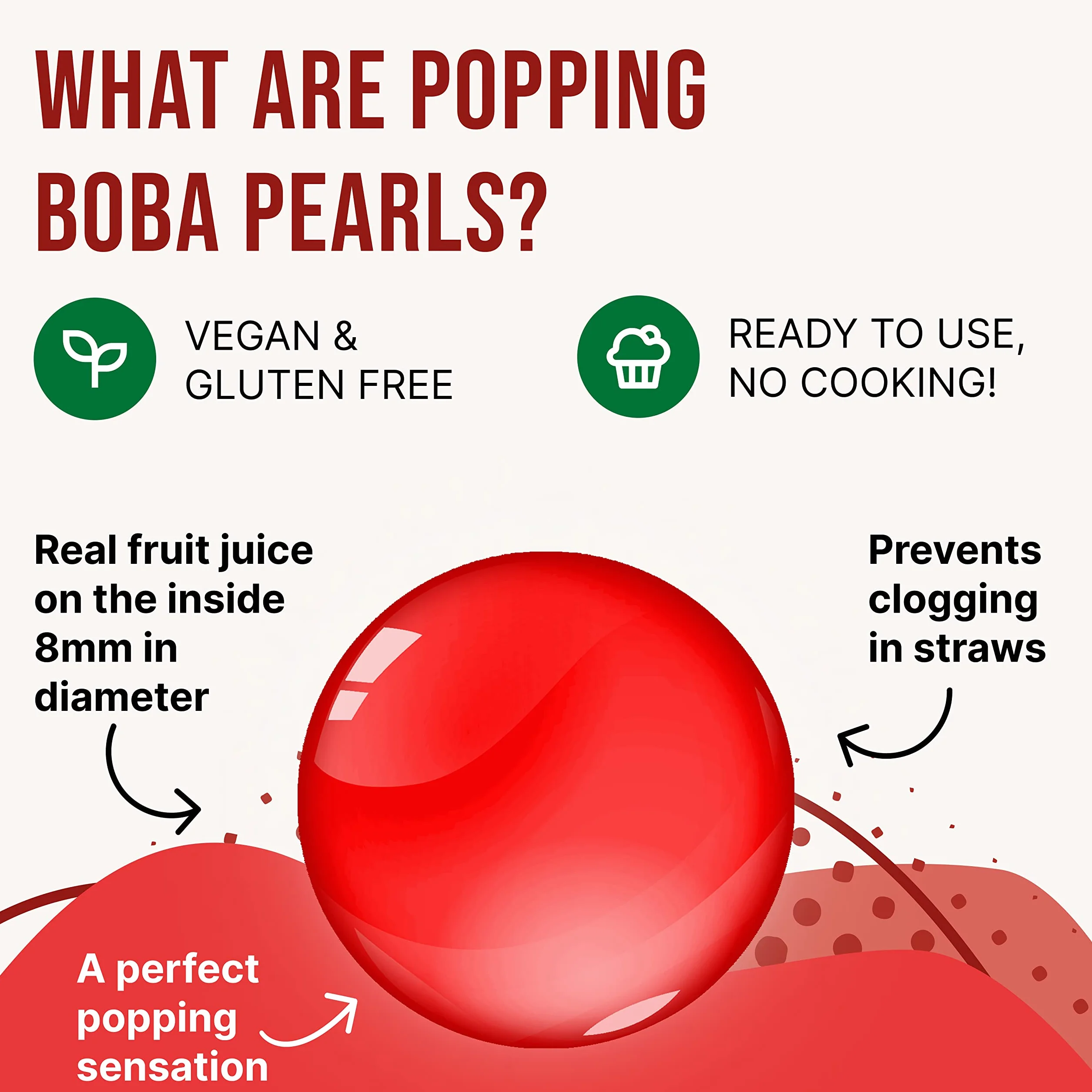 INSPIRE FOOD Bubble Tea Pearls Set - Strawberry Popping Boba 450g, Green Apple Syrup 300ml, 2 Straws