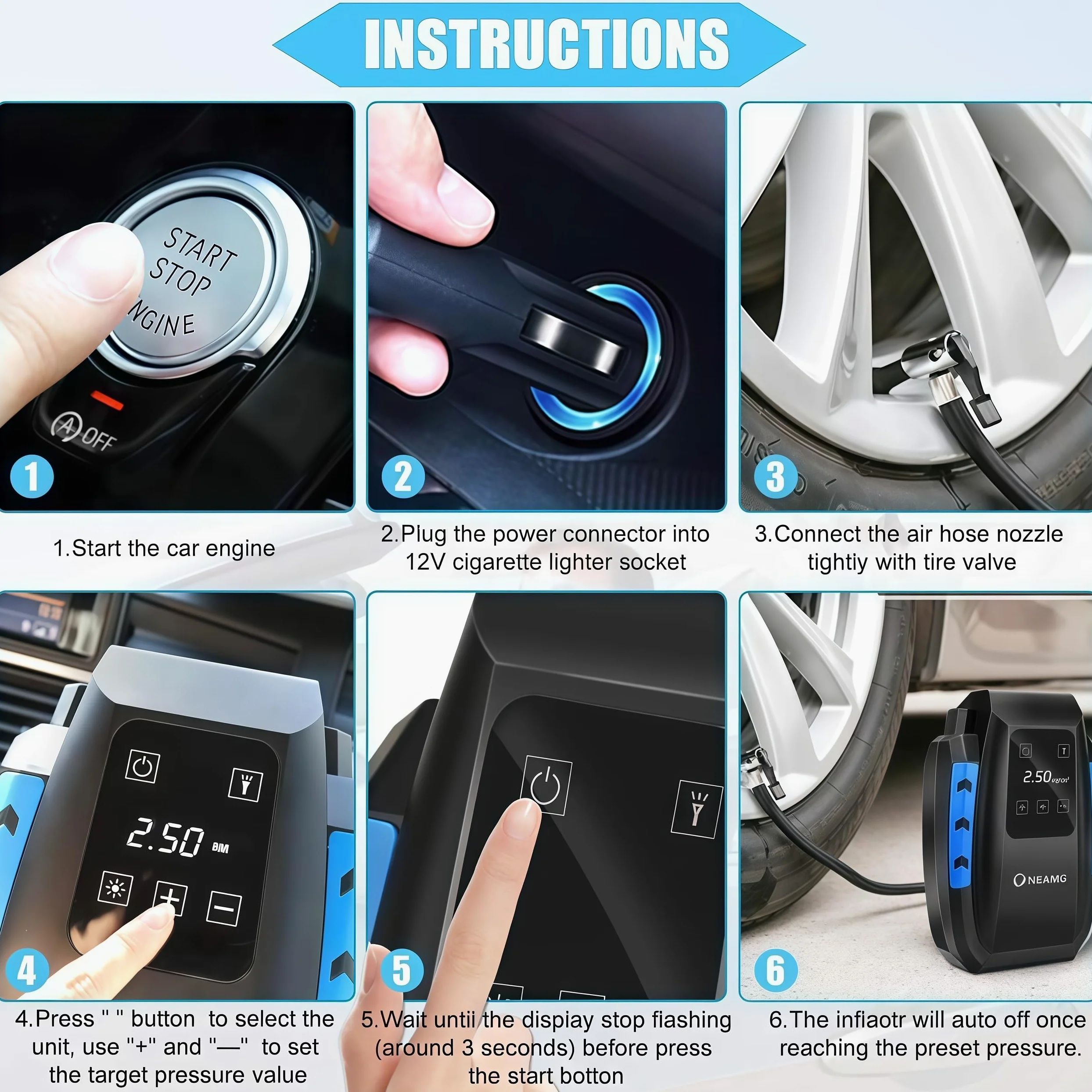 Compresor de Aire Eléctrico Portátil Alimentado con Manómetro 12V con LED Luces de Emergencia para Hinchar Neumático de Moto Coche y Bicicleta (Negro)