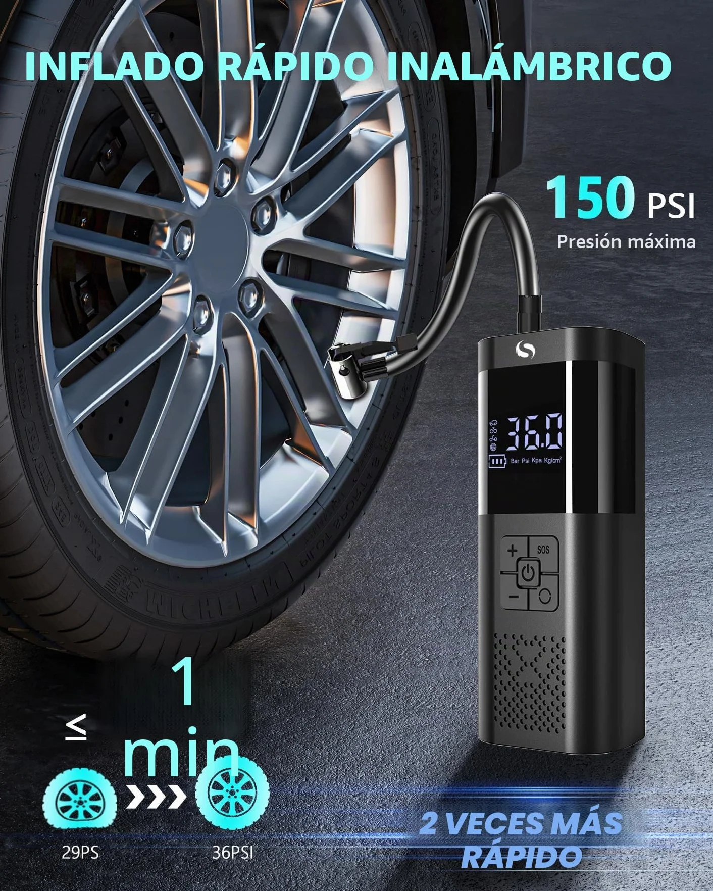 Compresor Aire Portatil, Inflador Ruedas Coche, Mini Compresor Aire Coche con Manómetro, 150PSI Inflador Electrico, Accesorios Coche, con Luz LED para Coche Moto Bicicleta Bola