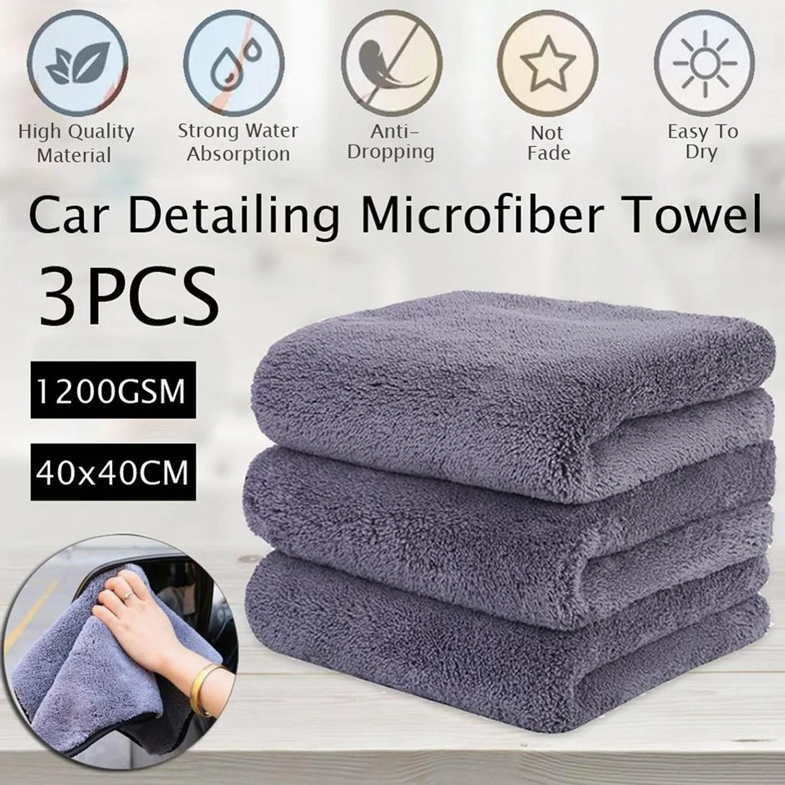 3pcs/set Car Wash 1200G.SM Car Detailing Toalla de microfibra Limpieza de autos Secado Grueso Lavado de autos Trapo para el cuidado de la cocina del automóvil Paño (Color : Grey, Material : Coral Fl
