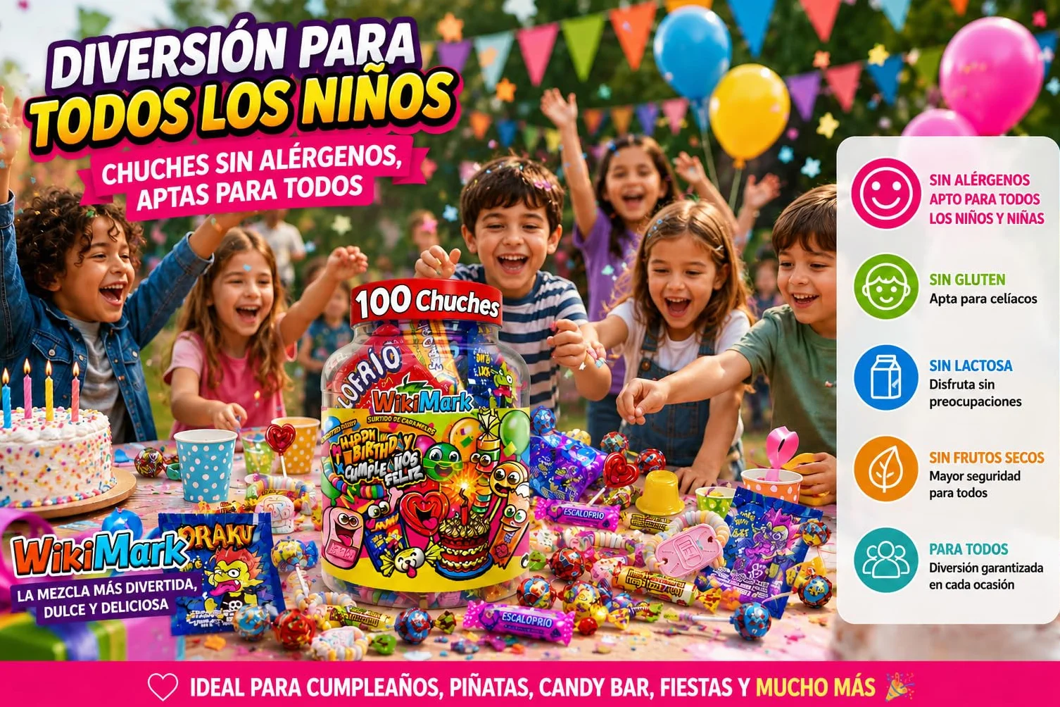 Bote 100 Chuches Surtidas para Cumpleaños y Piñatas | Caramelos Variados Infantiles | Golosinas para Fiestas, Candy Bar y Bolsas de Regalo | Mix Dulces Sin Gluten y Sin Leche