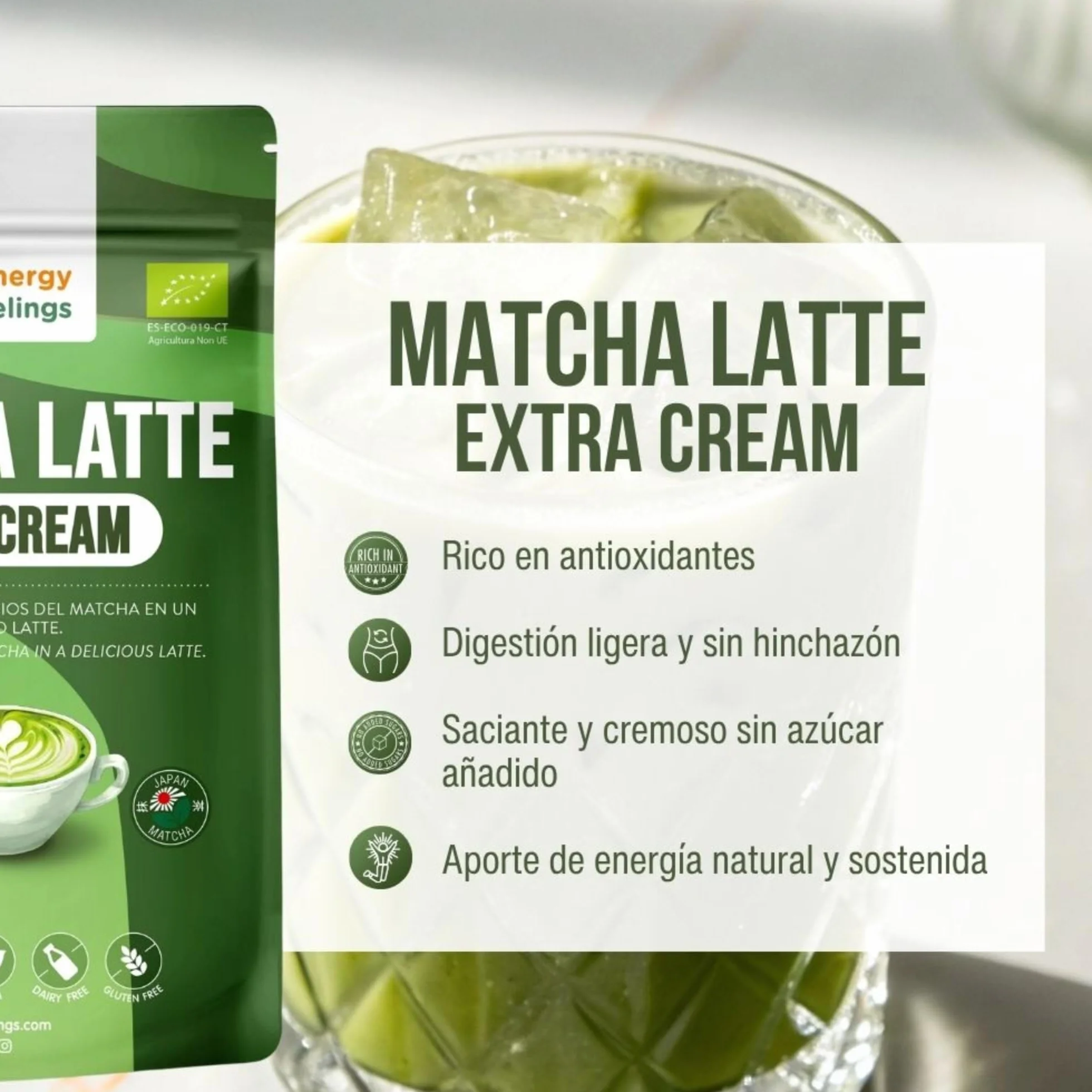 Matcha Latte Ecológico Extra Cream 500g, Té Matcha Japonés Premium en Polvo, Sin Gluten, Sin Azúcares Añadidos, Vegano