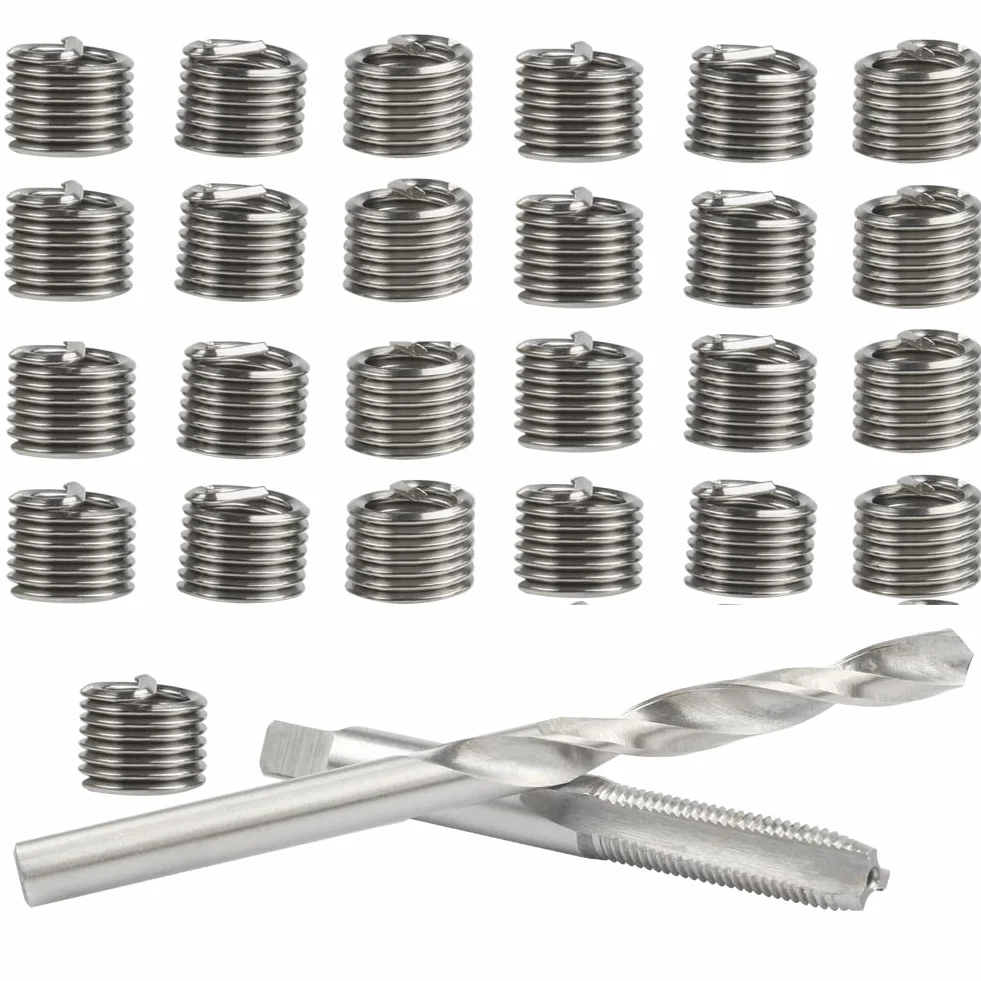 Treki Juego de Reparación de Roscas 30 Piezas M6 Thread Repair Kit Herramientas de Mano HSS Drill Helicoil Kit de Inserción de Reparación de Roscas para Reparación Automóvil