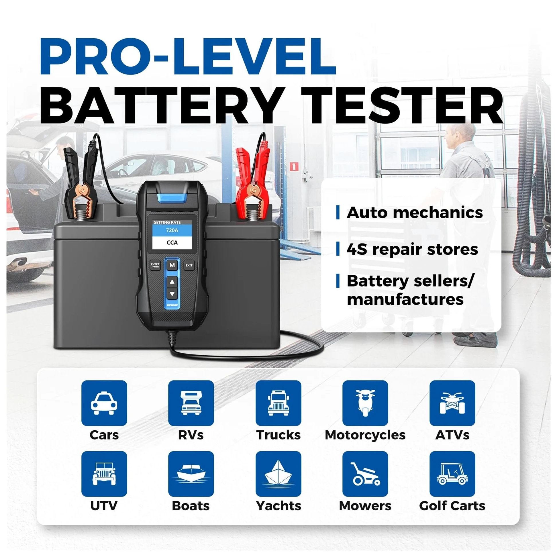 Comprobador de batería BT300P con Impresora, Prueba Carga Coche 12 V for Motocicleta, analizador Arranque y automática