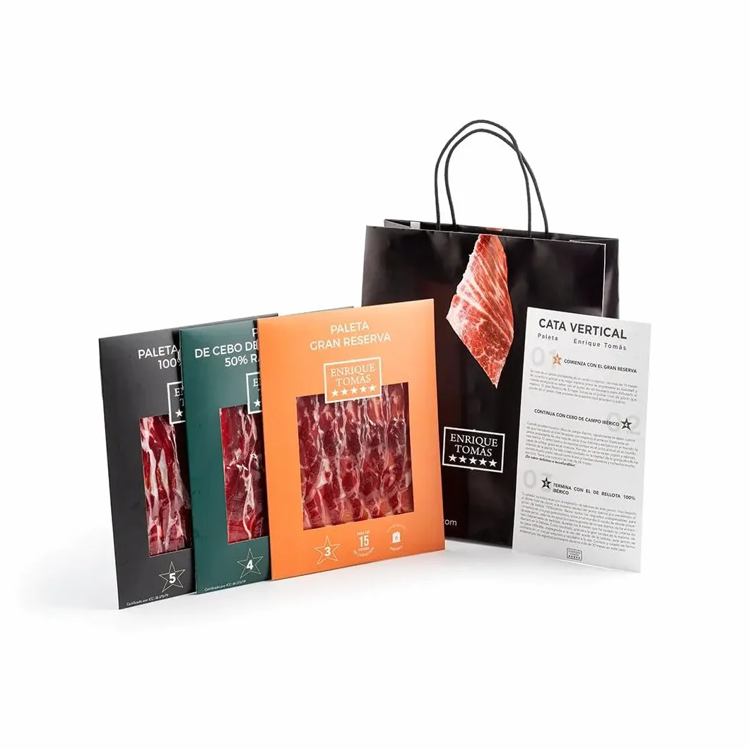 Cata vertical de Paleta ENRIQUE TOMAS: Gran Reserva 80gr + Cebo de campo 50% 80gr + Bellota 100% 80gr