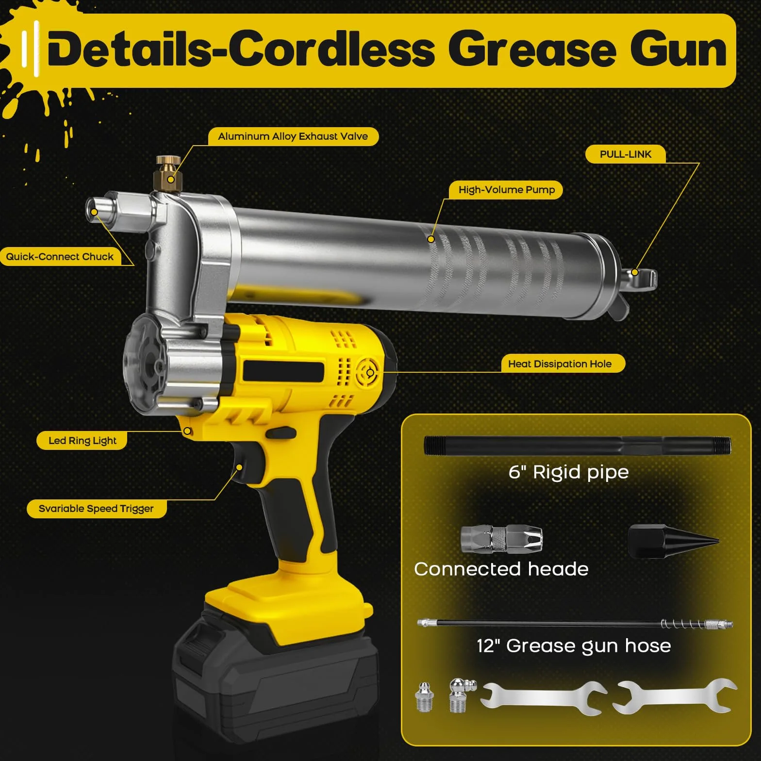 WingFly Engrasadora Batería Compatible con batería Dewal de 20V, 10000 PSI Pistola de Engrase, Kit de Pistola de Engrasar Eléctrica con Luz LED, Manguera Flexible de 39.4" y Acoplador