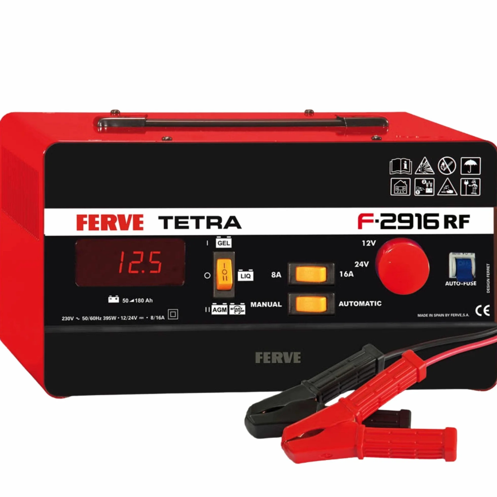Ferve F-2916 Cargador de Bateria Manual y Automático - Mantenedor Inteligente 8-16A 12/24V - Ideal para Auto, Moto y Camión – Test de Batería y Alternador - Tecnología RF - Para Baterías Plomo-ácido