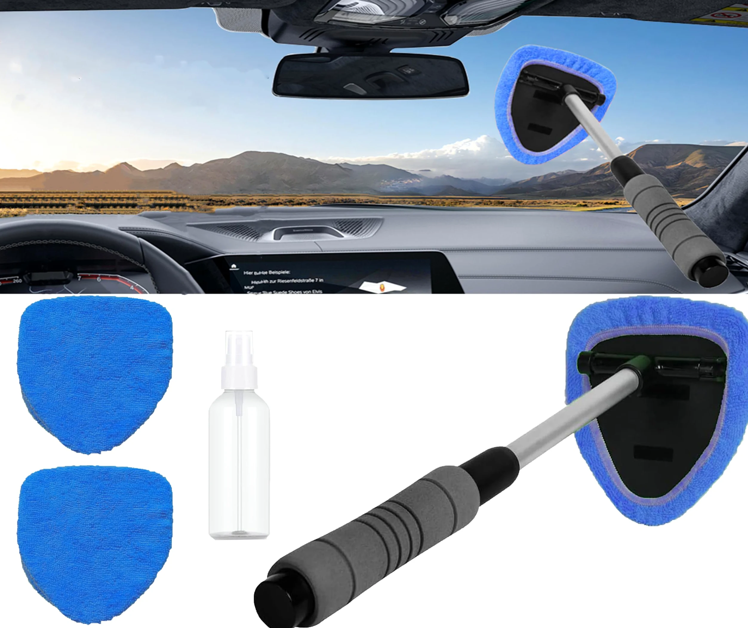 Herramienta de limpieza de parabrisas de coche, herramienta de limpieza de parabrisas de coche con almohadillas de microfibra reutilizables, kit de limpiaparabrisas de vidrio con mango extensible,
