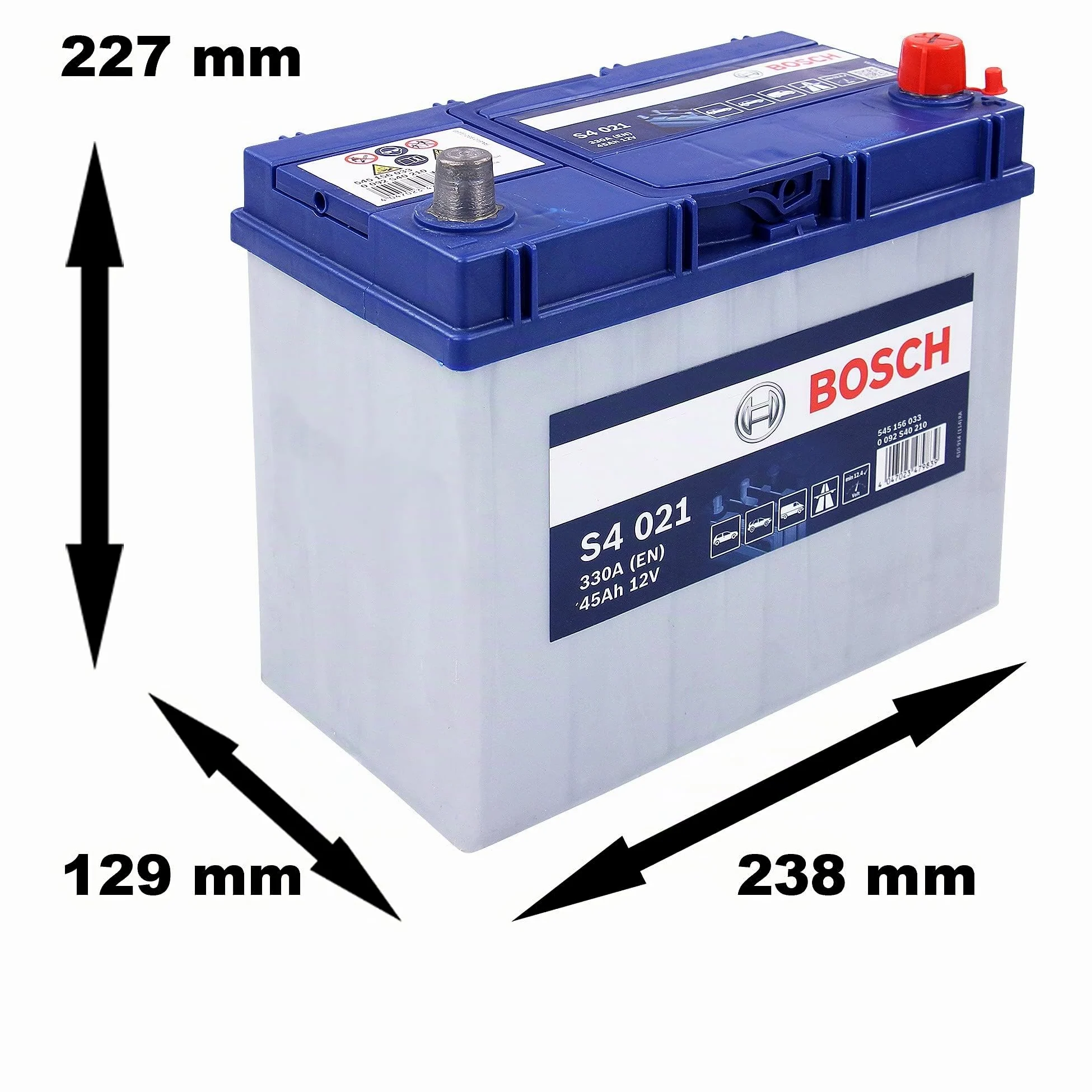 BOSCH Batería 45, Ah 330, A/EN 0 092 S40 210 L 238mm B 129mm H 227mm Compatible con TESLA Model 3 5YJ3, TOYOTA Yaris Hatchback P13, KIA CEE'D SW ED, MAZDA 2 Hatchback DE, DH3