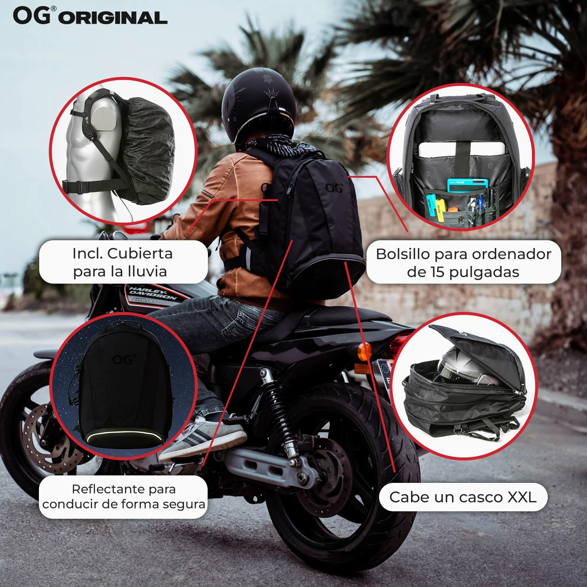 OG Original EZ-RiderPRO Mochila Moto Negra Expandible 28-35L, Bolsa Porta-Cascos Motorista, Correa Casco, Impermeable, Portátil, Reflectante