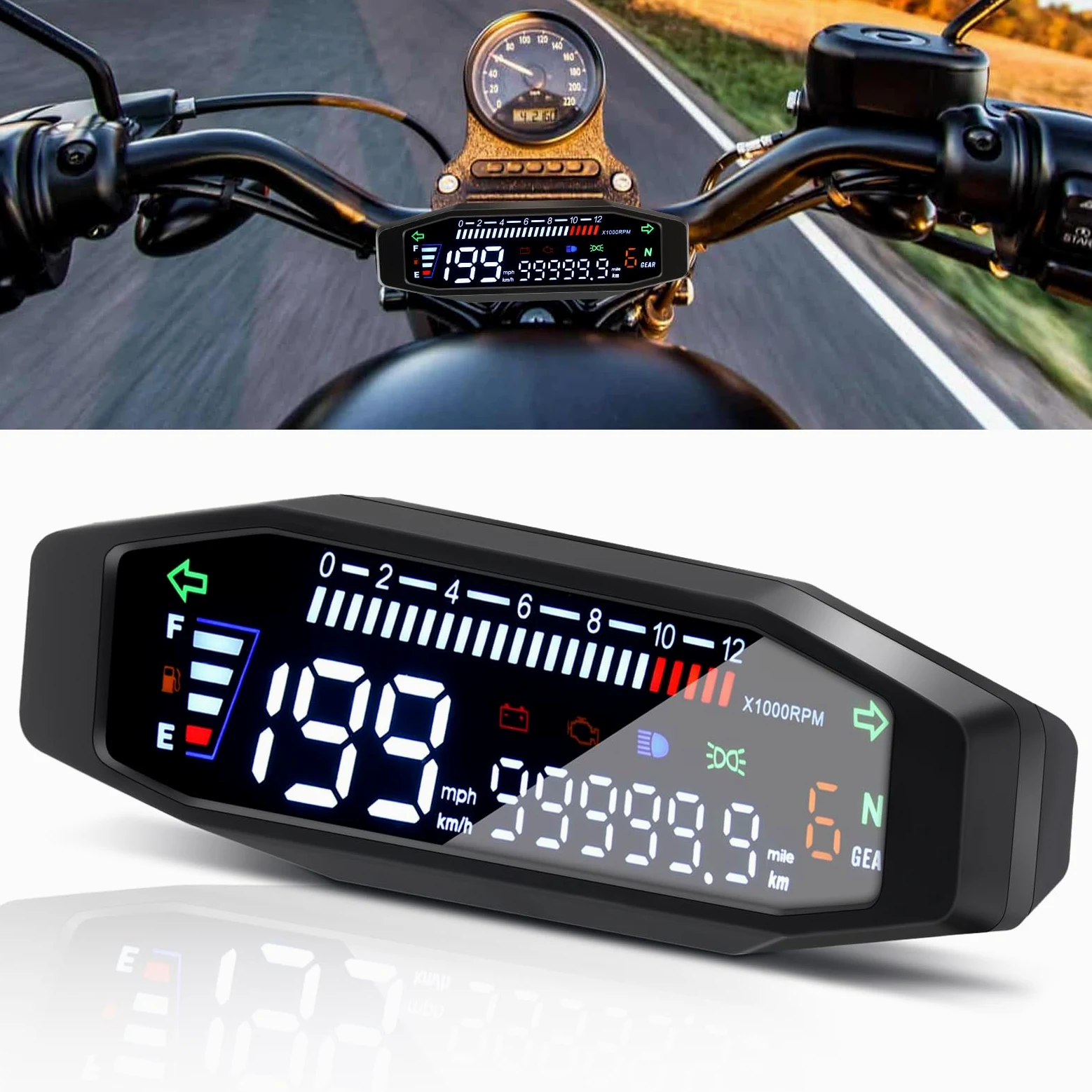 KAOLALI Velocímetro Universal Mejorado para Motocicleta, Tacómetro Digital Impermeable de 12000 RPM para Medidor de Aceite de Motocicleta, Cuentakilómetros Dual, Velocímetro