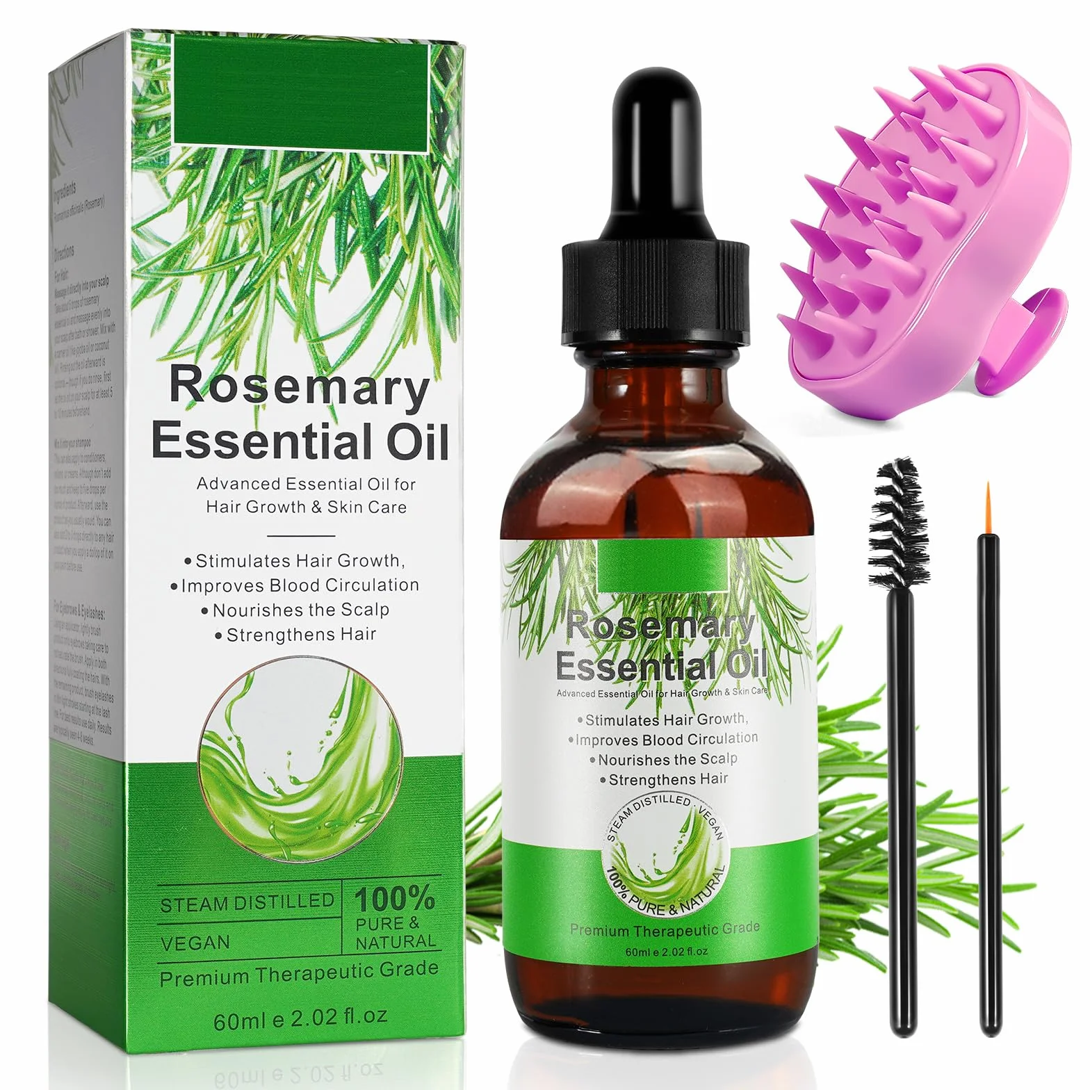 Aceite de Romero 100% puro para Crecimiento del Cabello 60ml con Masajeador de Cuero Cabelludo