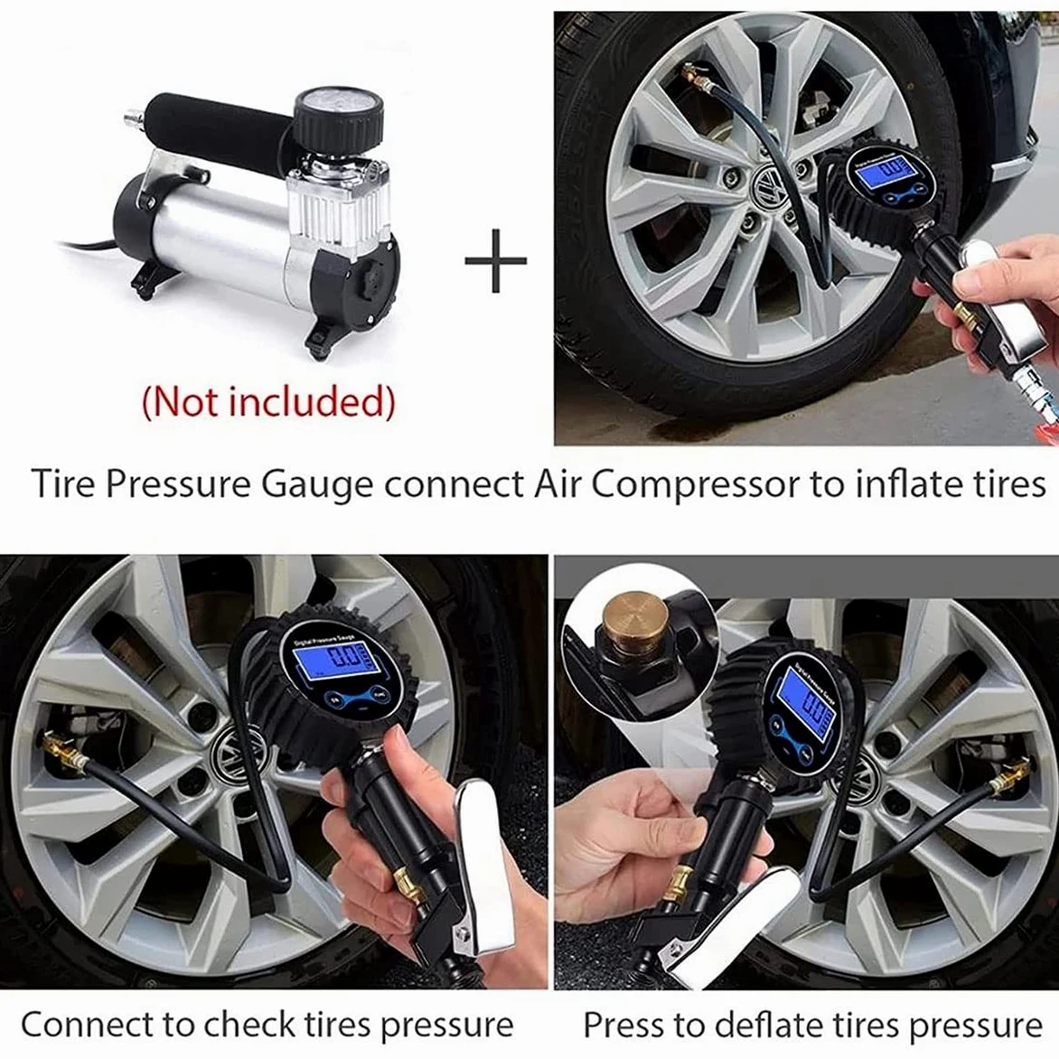Inflador de neumáticos Digital 0-200PSI con manómetro con 4 Tapas de válvula Indicador de inflado de neumáticos de Acero con Manguera de Goma