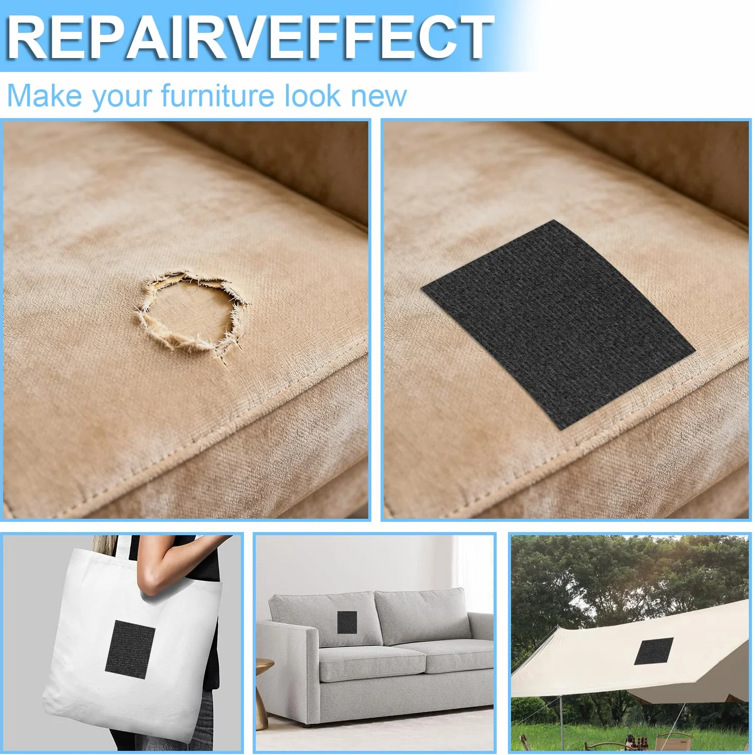 Cinta de reparación de tela autoadhesiva 10 cm x 2 m, cinta de reparación para tela apta para cortinas, sombrillas, lona y ropa para barcos, impermeable, lavable, recortable
