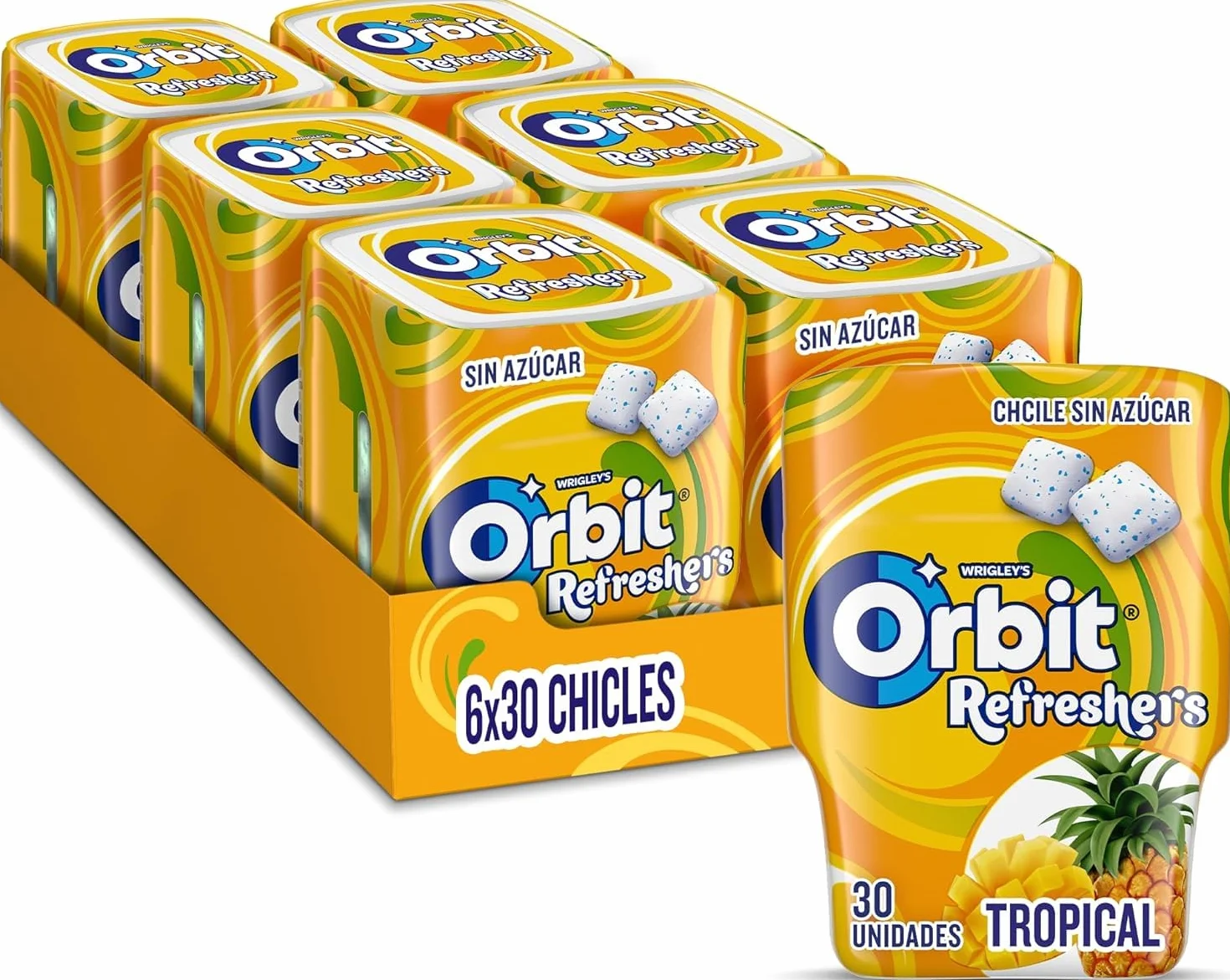 Orbit Bote de Chicles Sin Azúcar Sabor Tropical, Afrutado, Intenso y de Larga Duración (6 x 30 chicles)