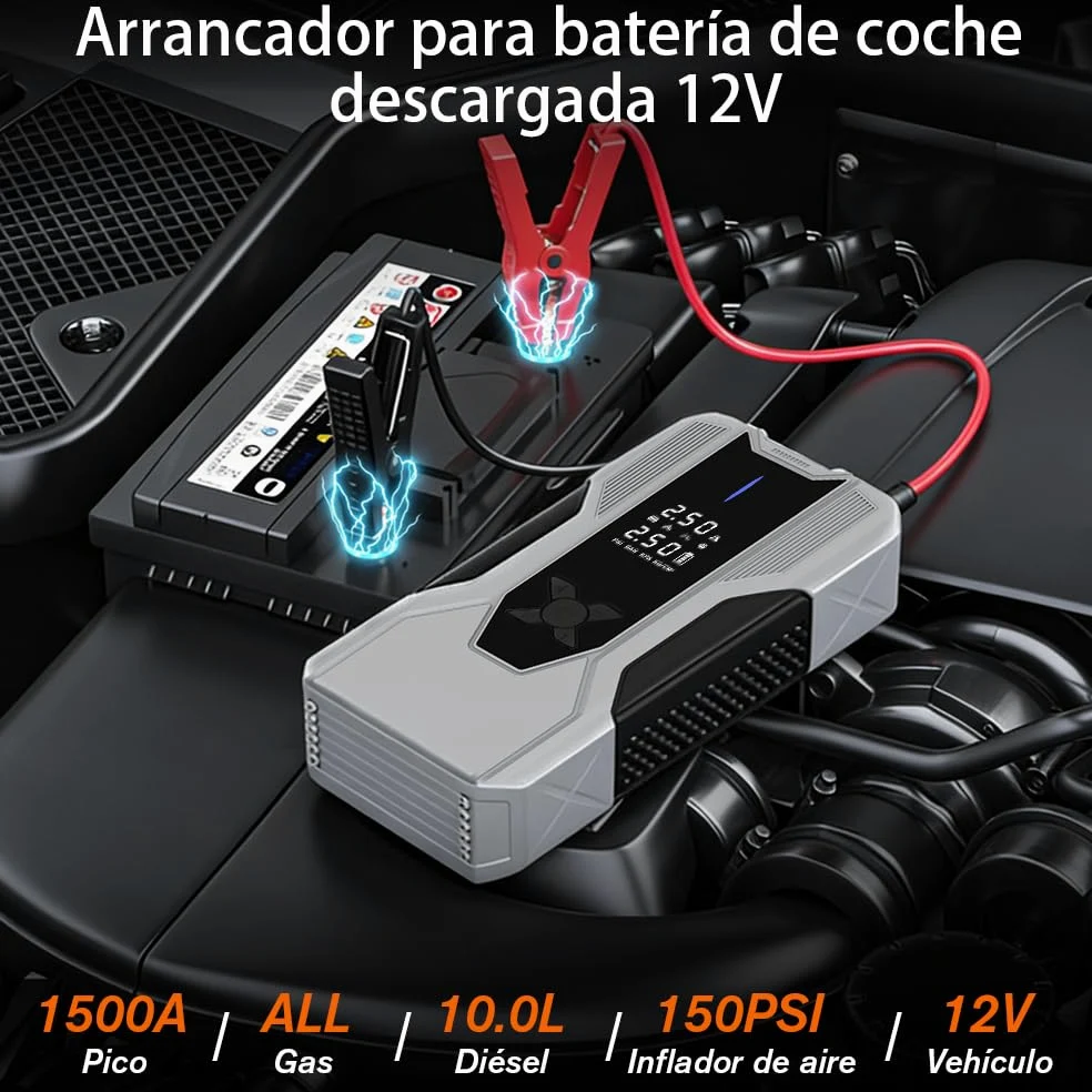 AWESAFE 12000Mha Inflador de Neumáticos 150PSI con Arrancador de Baterias de Coches (Todo Gasolina o 10L Diésel), Compresor de Aire Portátil para Coche con Pantalla LCD, Luz de Emergencia