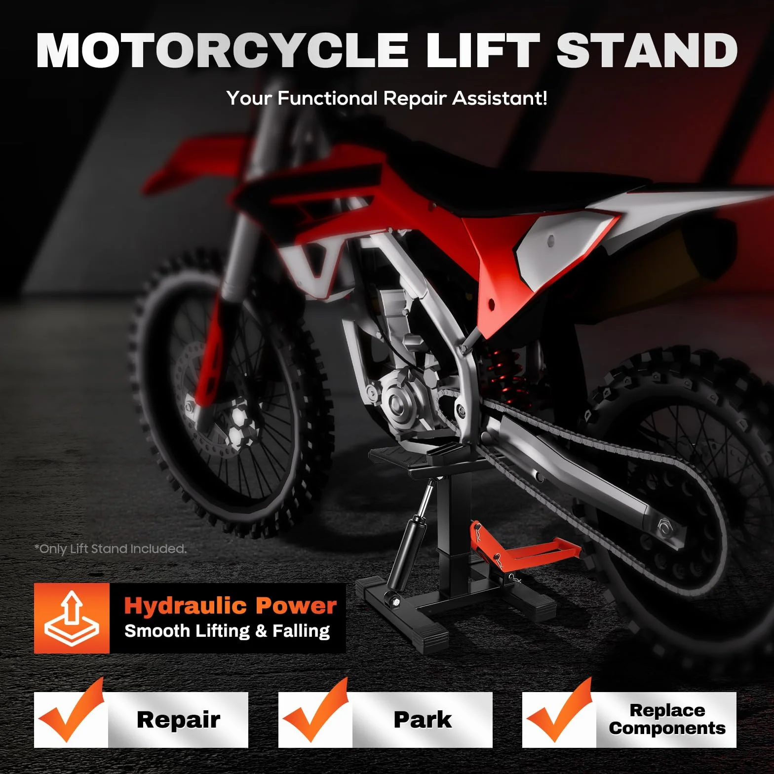 Plataforma elevadora hidráulica para motocicleta – Altura ajustable hasta 400 kg, base en forma de H con almohadilla de goma para motos todoterreno