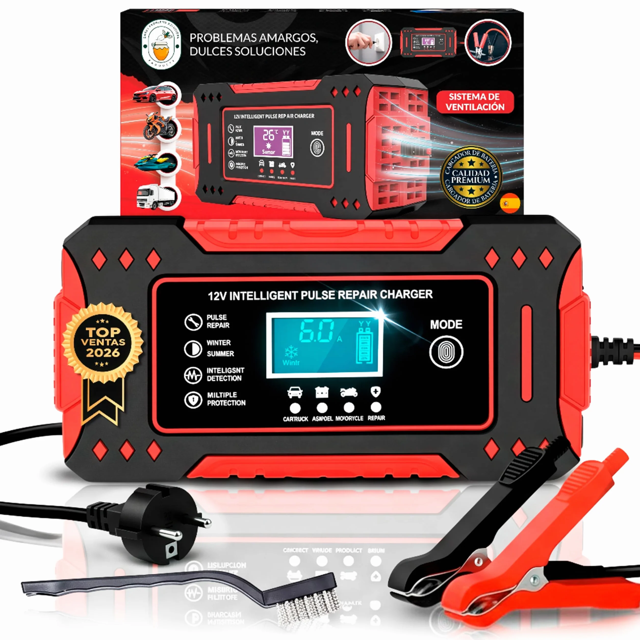 SweetSolutions© Cargador Baterias Coche 12V6A | Cargador De Batería Coche con Función Inteligente | Reparación Automática | Pantalla LCD | Automóviles Moto Camión AGM Gel SLA