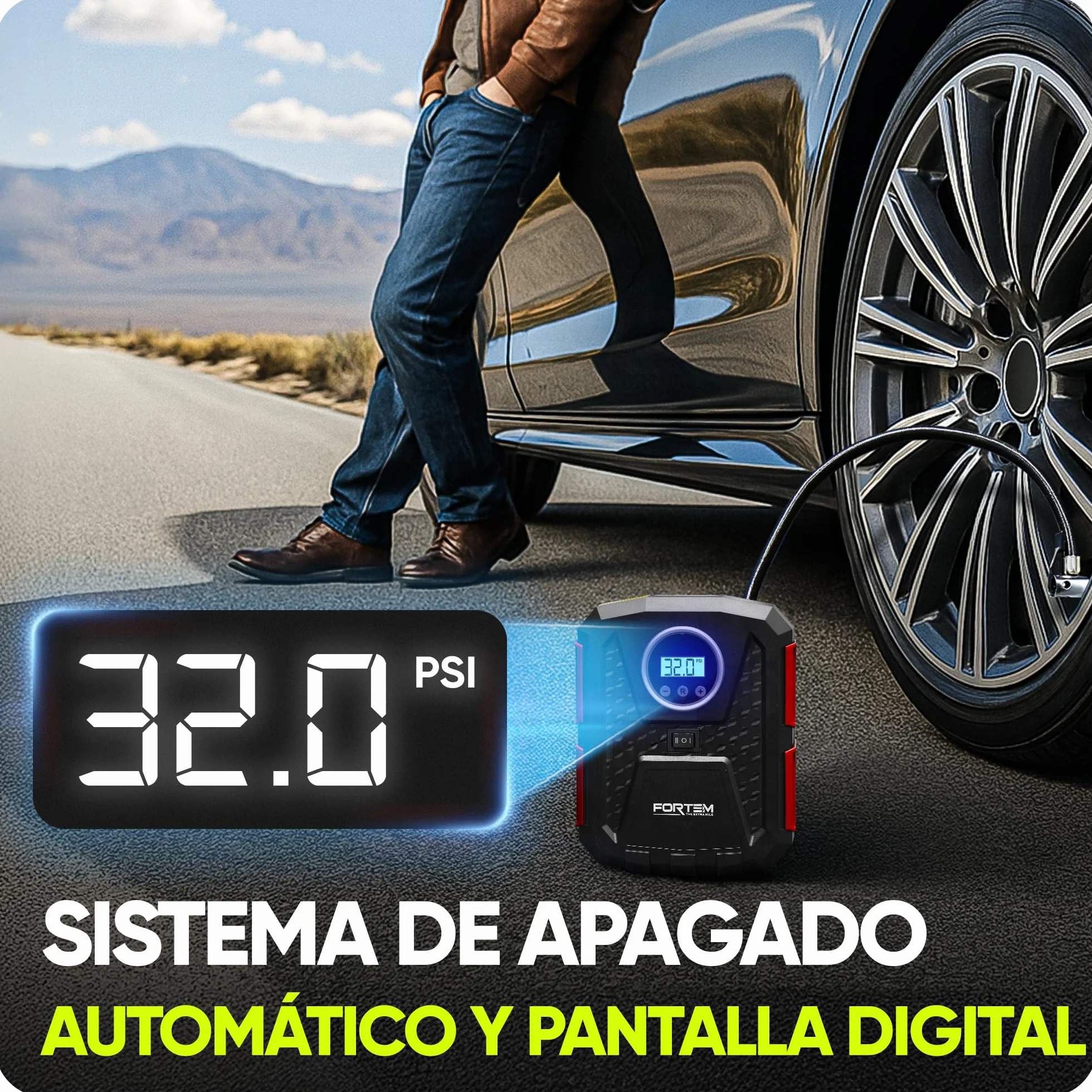 FORTEM Inflador de Ruedas de Coche, Compresor de Aire - Manómetro Digital, Autobombeo, Parada Automática - Bolsa de Transporte