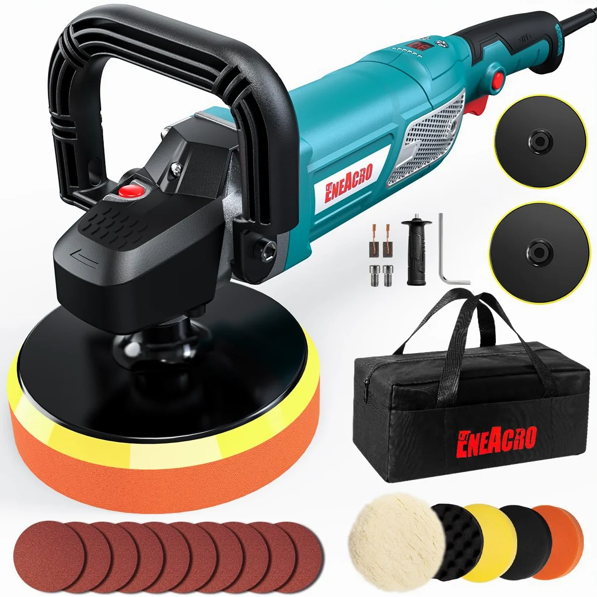 ENEACRO Pulidora Coche 1800W Velocidad Variable Pantalla LCD Plato Apoyo 150/180mm Mangos Desmontables