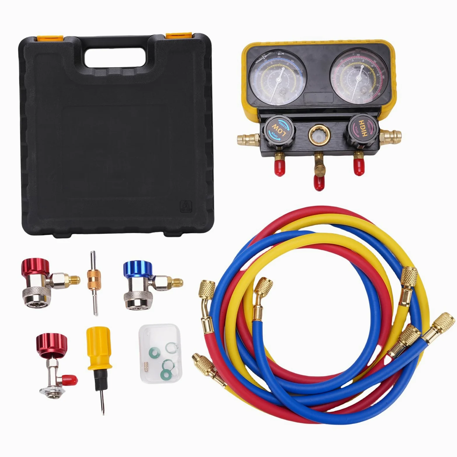 aqxreight Juego de Manómetros para AC Automotriz Compatible con R410A R32 R134A R22 Incluye 3 Mangueras Adaptadores y Herramientas de Carga Ideal para Profesionales y Talleres