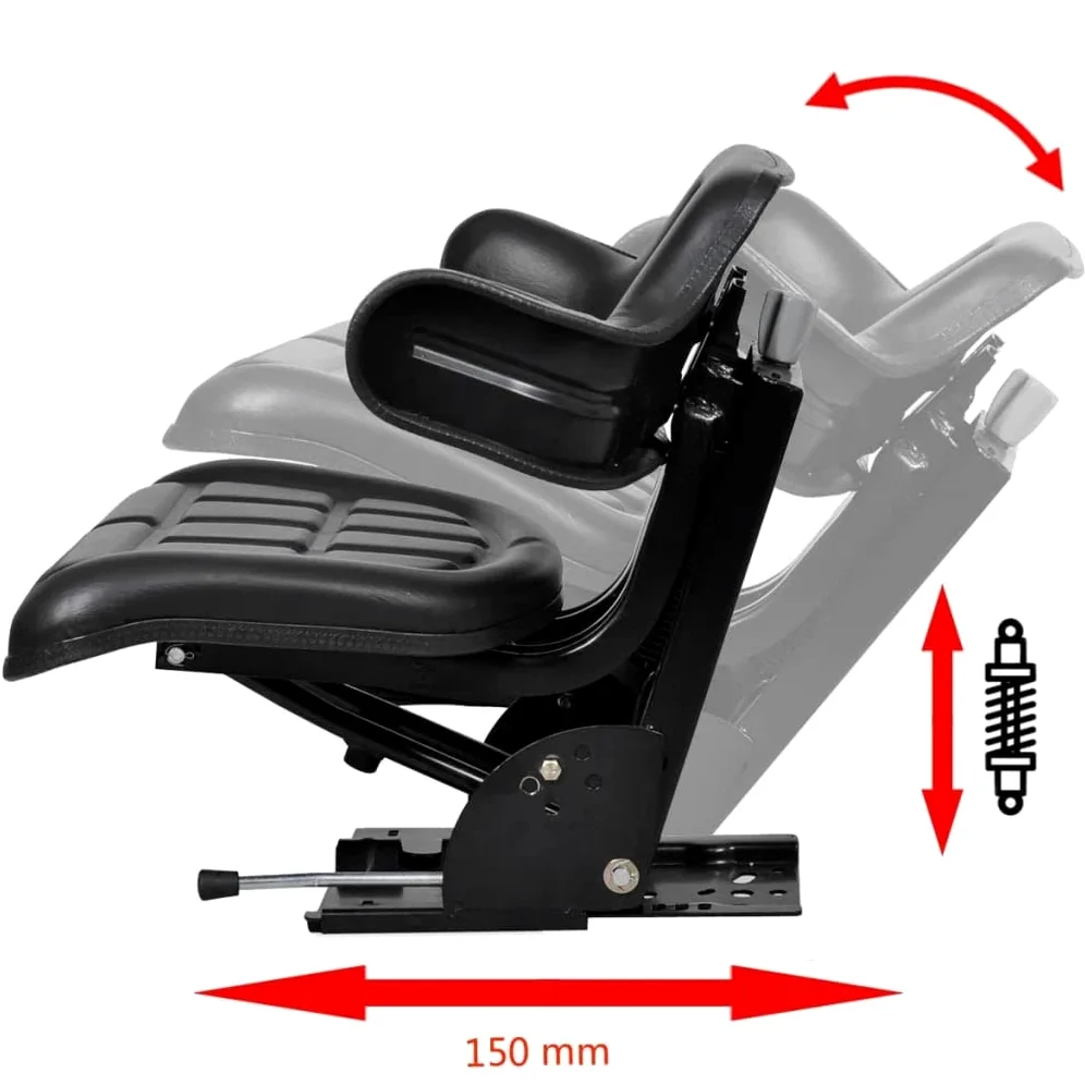 Asiento de Tractor con Suspensión Negro | Universal 50-130 kg | Acolchado Poliuretano | Deslizante 150 mm | Respaldo Alto | Impermeable | Jardín Cortacésped