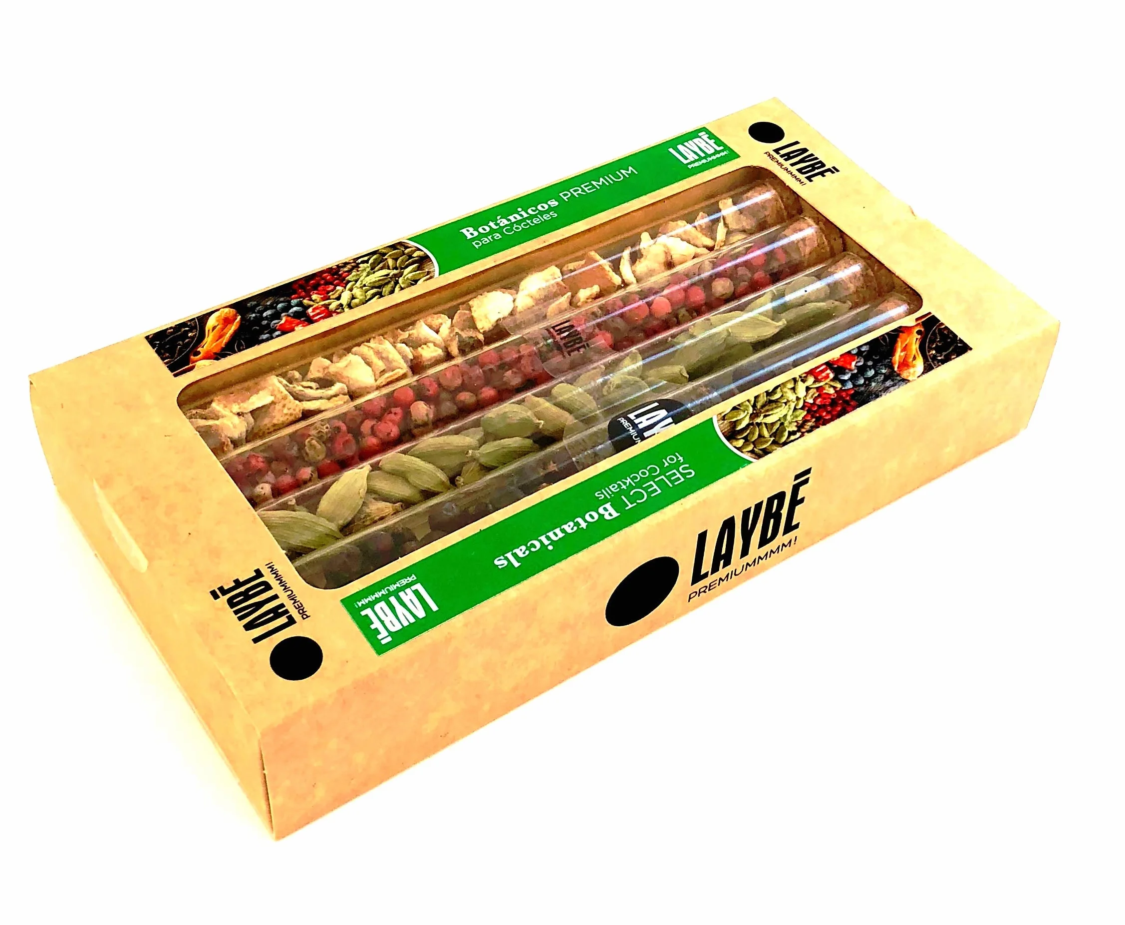 LAYBE ESTUCHE Botánicos Premium Cócteles Pimienta Rosa Brasil Cardamomo Verde Corteza Naranja Enebro Bayas