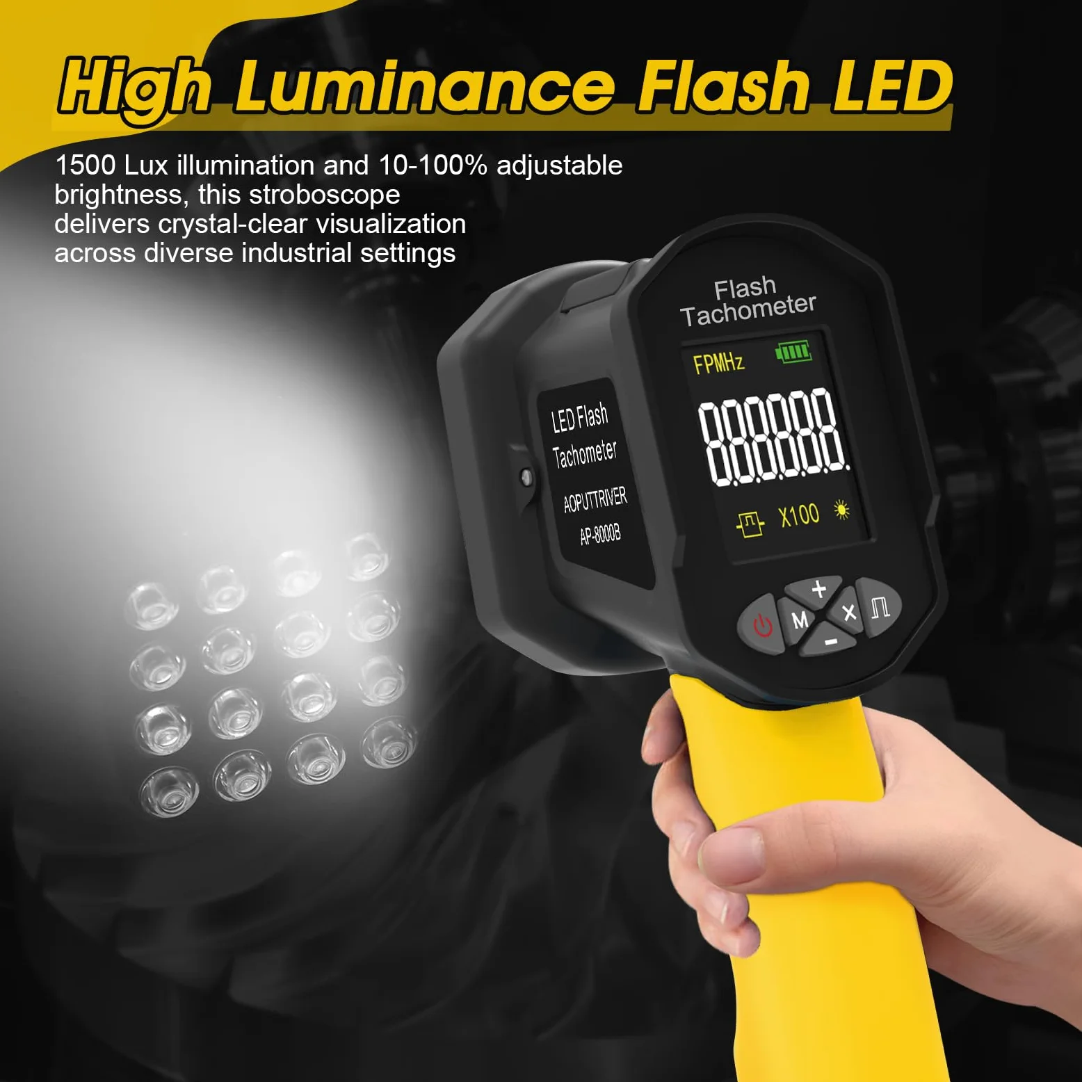 LED estroboscópico digital, tacómetro 60-100000RPM, 16 luces LED ajustable