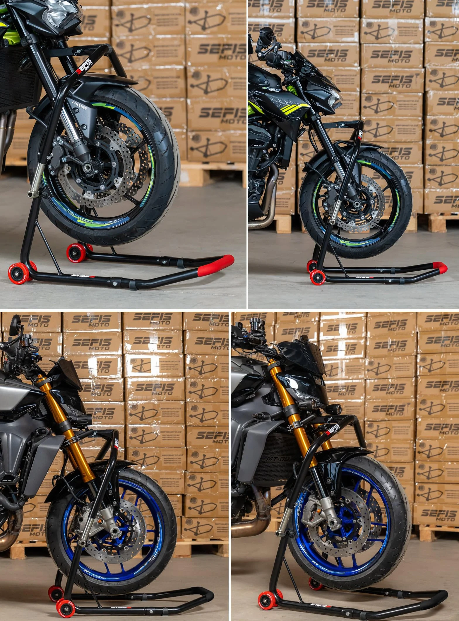 SEFIS D18 Set de caballetes para motocicleta, caballete de rueda delantera, elevador de rueda trasera, soporte de servicio frontal y trasero, caballete de montaje trasero para motocicleta, set de